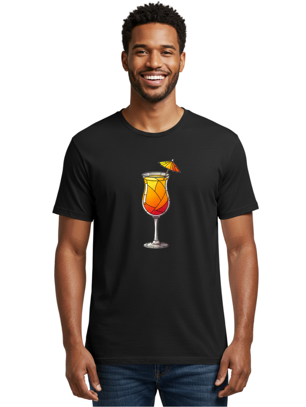 Cocktail-1 Men'S Graphic Tee, 100% Cotton, Comfortable Casual Summer Wear, Machine Washable, Tequila Sunrise Cocktail, Layered Drink, Orange And Red Hues, Umbrella Decoration, Stained Glass Effect, Glassware, Refreshing Beverages, Bab761