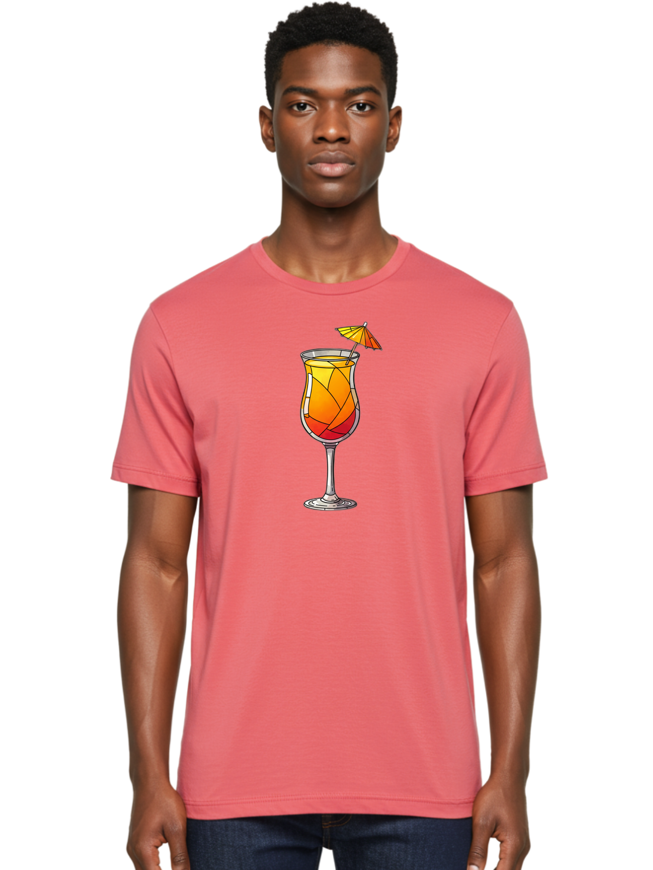 Cocktail-1 Men'S Graphic Tee, 100% Cotton, Comfortable Casual Summer Wear, Machine Washable, Tequila Sunrise Cocktail, Layered Drink, Orange And Red Hues, Umbrella Decoration, Stained Glass Effect, Glassware, Refreshing Beverages, Bab761