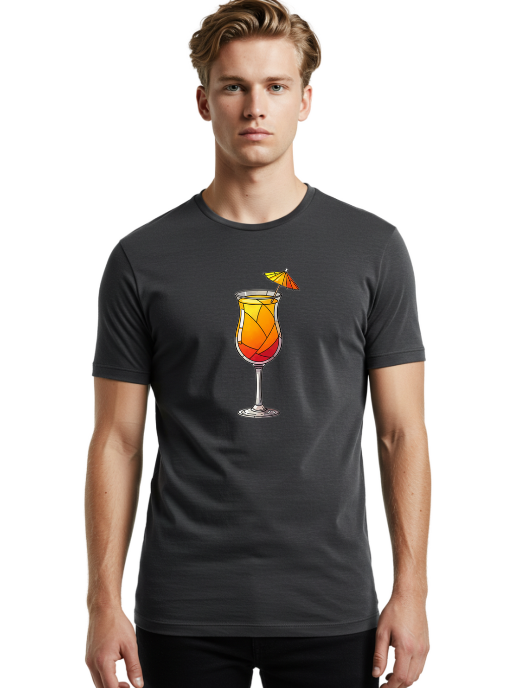 Cocktail-1 Men'S Graphic Tee, 100% Cotton, Comfortable Casual Summer Wear, Machine Washable, Tequila Sunrise Cocktail, Layered Drink, Orange And Red Hues, Umbrella Decoration, Stained Glass Effect, Glassware, Refreshing Beverages, Bab761