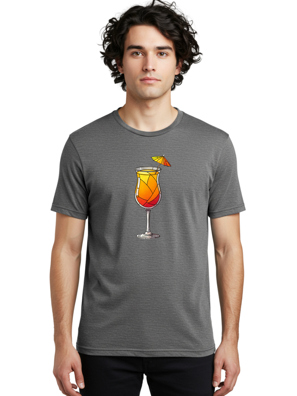 Cocktail-1 Men'S Graphic Tee, 100% Cotton, Comfortable Casual Summer Wear, Machine Washable, Tequila Sunrise Cocktail, Layered Drink, Orange And Red Hues, Umbrella Decoration, Stained Glass Effect, Glassware, Refreshing Beverages, Bab761