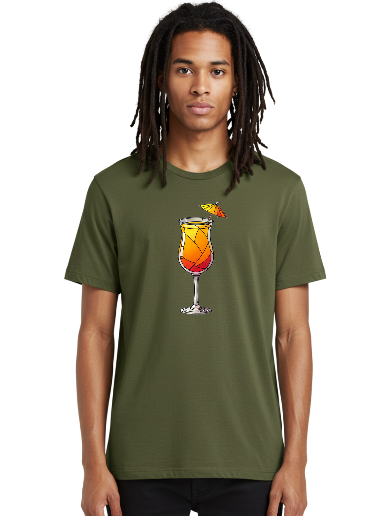 Cocktail-1 Men'S Graphic Tee, 100% Cotton, Comfortable Casual Summer Wear, Machine Washable, Tequila Sunrise Cocktail, Layered Drink, Orange And Red Hues, Umbrella Decoration, Stained Glass Effect, Glassware, Refreshing Beverages, Bab761