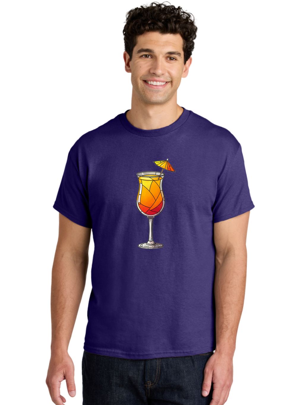 Cocktail-1 Men'S Graphic Tee, 100% Cotton, Comfortable Casual Summer Wear, Machine Washable, Tequila Sunrise Cocktail, Layered Drink, Orange And Red Hues, Umbrella Decoration, Stained Glass Effect, Glassware, Refreshing Beverages, Bab761