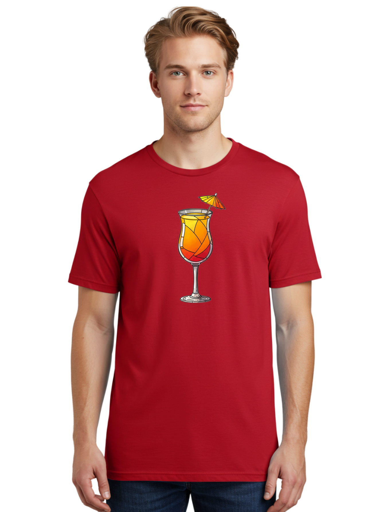 Cocktail-1 Men'S Graphic Tee, 100% Cotton, Comfortable Casual Summer Wear, Machine Washable, Tequila Sunrise Cocktail, Layered Drink, Orange And Red Hues, Umbrella Decoration, Stained Glass Effect, Glassware, Refreshing Beverages, Bab761