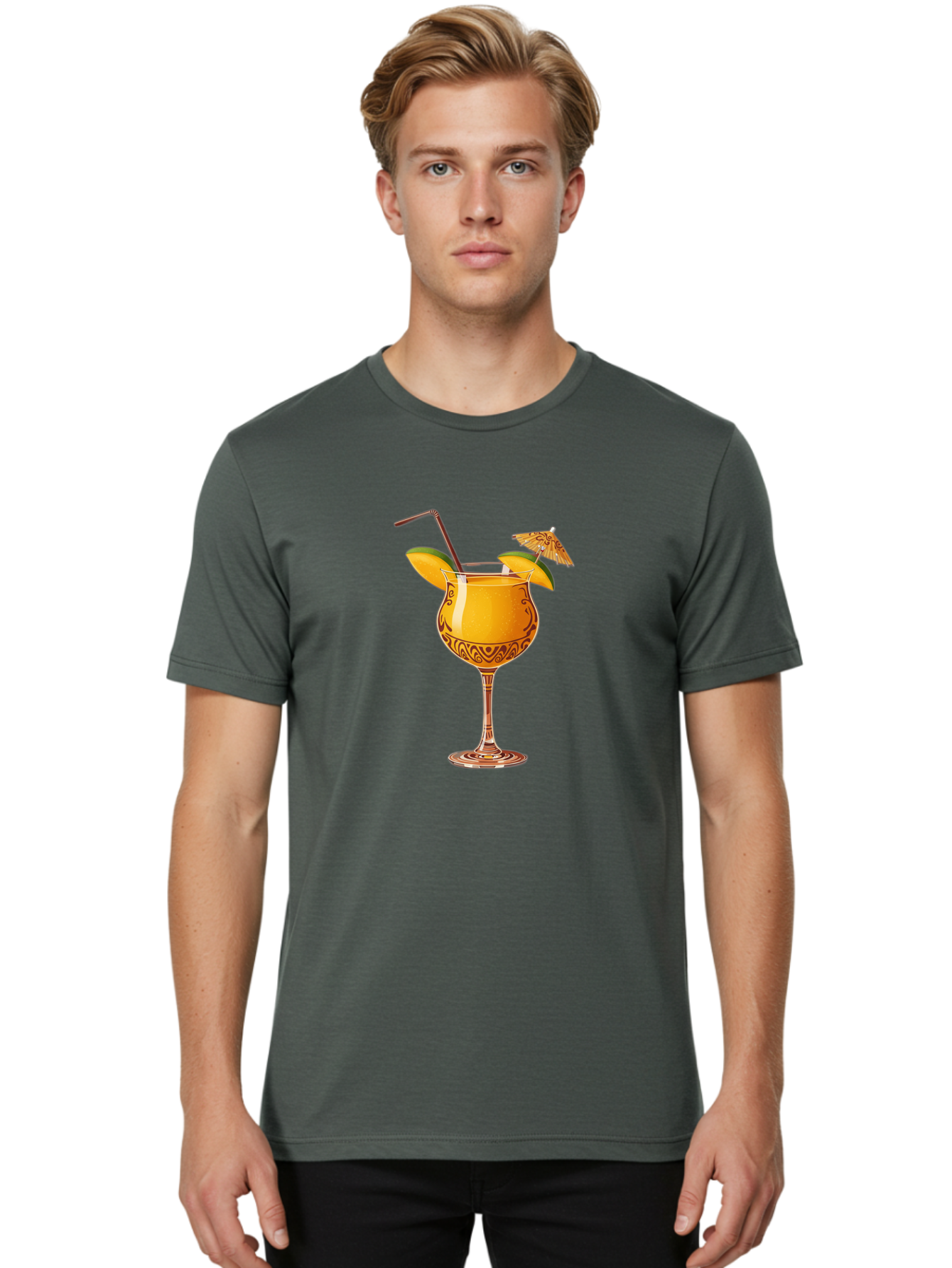 Cocktail-2 Men'S Graphic Tee, 100% Cotton, Comfortable Casual Summer Wear, Machine Washable, Tropical Cocktail, Orange Drink, Elegant Glass, Straw, Paper Umbrella, Exotic Flavors, Summer Fun, Refreshing Drink, Citrus Twist, Party Atmosphere Bab762