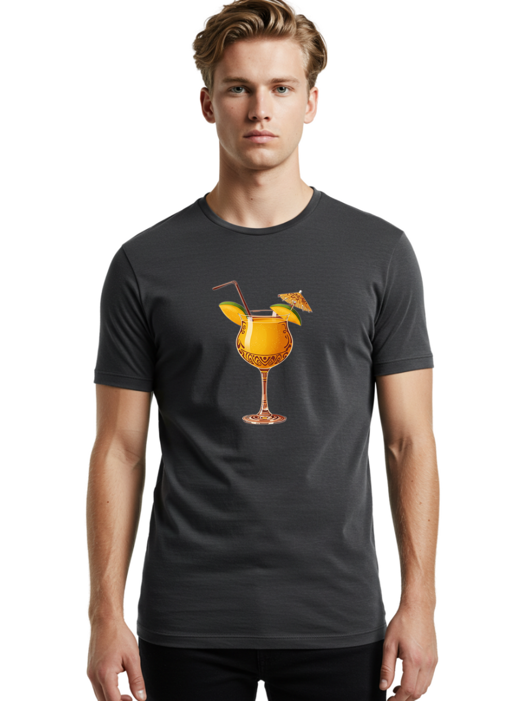 Cocktail-2 Men'S Graphic Tee, 100% Cotton, Comfortable Casual Summer Wear, Machine Washable, Tropical Cocktail, Orange Drink, Elegant Glass, Straw, Paper Umbrella, Exotic Flavors, Summer Fun, Refreshing Drink, Citrus Twist, Party Atmosphere Bab762