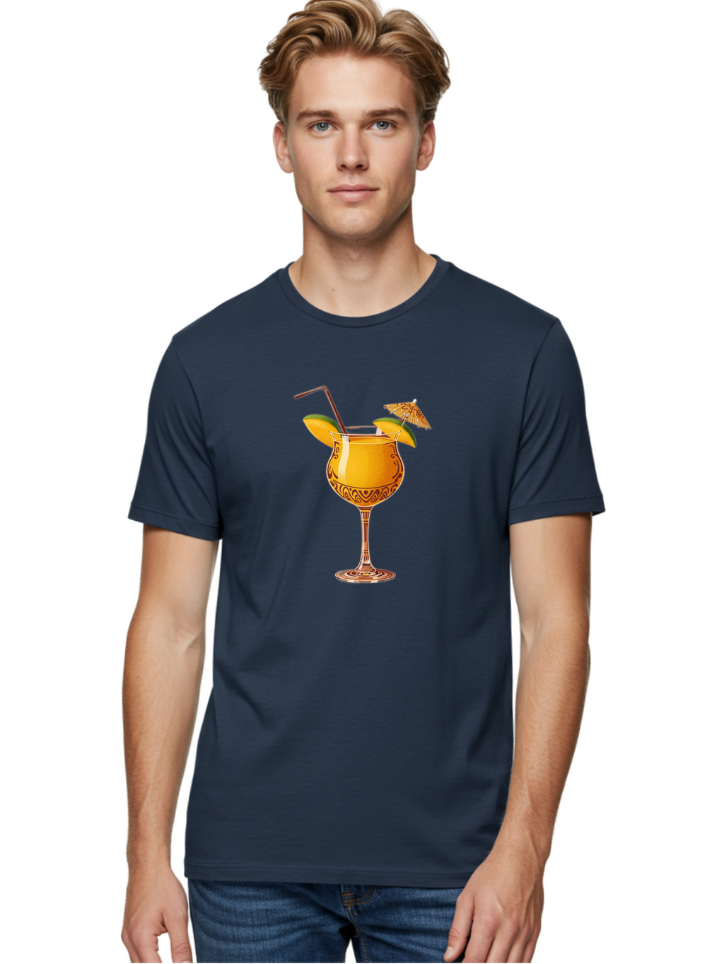 Cocktail-2 Men'S Graphic Tee, 100% Cotton, Comfortable Casual Summer Wear, Machine Washable, Tropical Cocktail, Orange Drink, Elegant Glass, Straw, Paper Umbrella, Exotic Flavors, Summer Fun, Refreshing Drink, Citrus Twist, Party Atmosphere Bab762