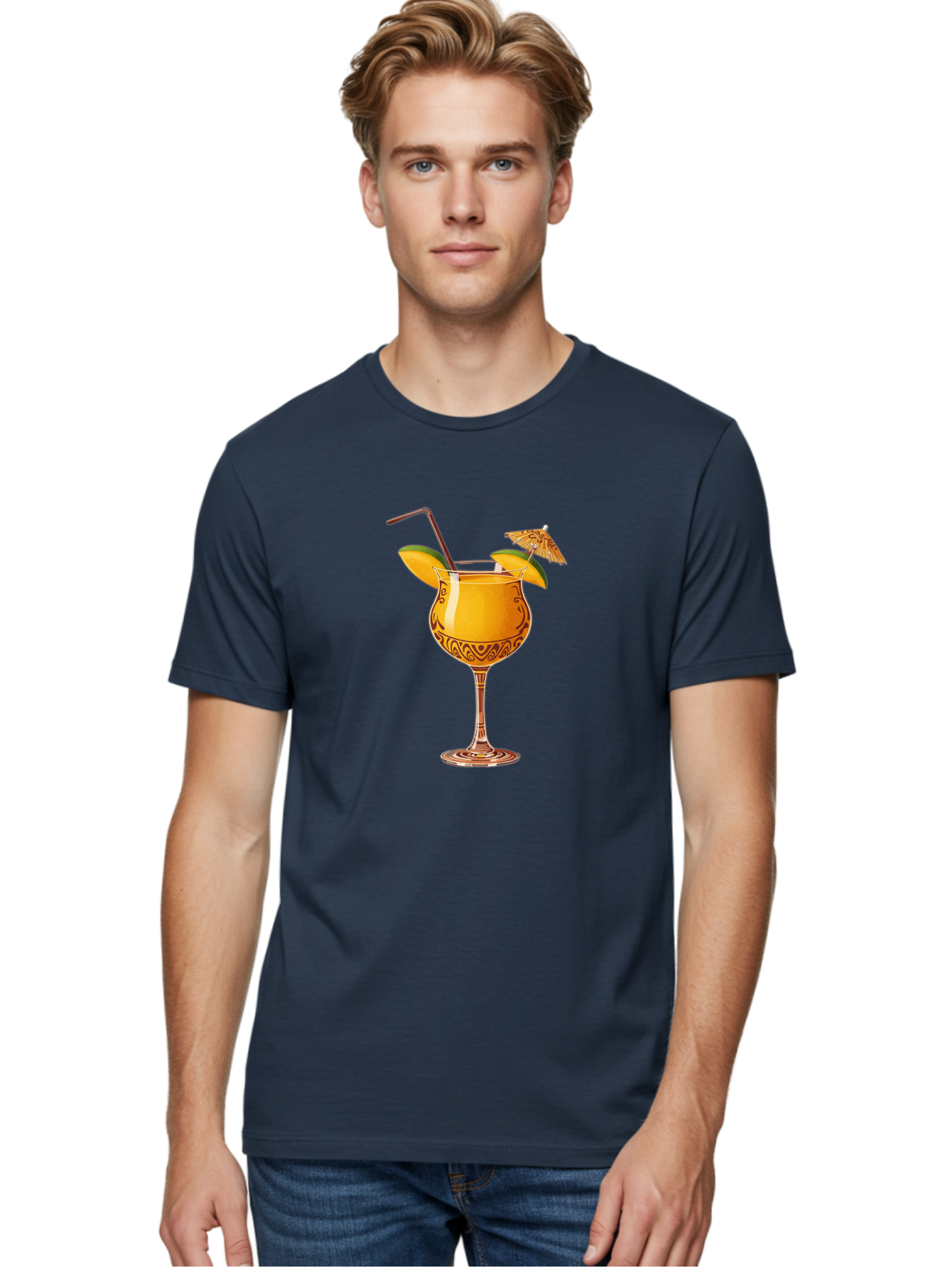 Cocktail-2 Men'S Graphic Tee, 100% Cotton, Comfortable Casual Summer Wear, Machine Washable, Tropical Cocktail, Orange Drink, Elegant Glass, Straw, Paper Umbrella, Exotic Flavors, Summer Fun, Refreshing Drink, Citrus Twist, Party Atmosphere Bab762