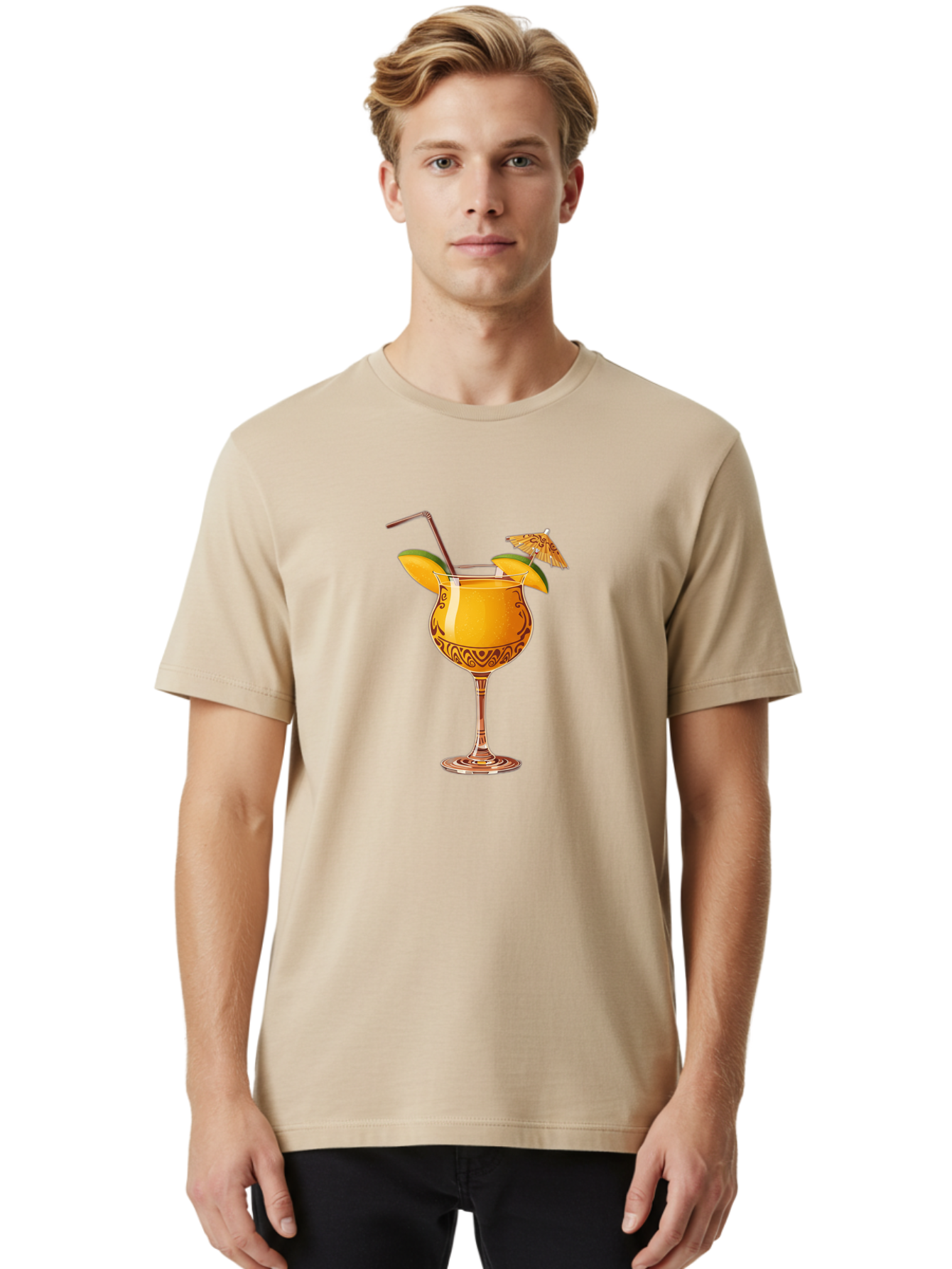 Cocktail-2 Men'S Graphic Tee, 100% Cotton, Comfortable Casual Summer Wear, Machine Washable, Tropical Cocktail, Orange Drink, Elegant Glass, Straw, Paper Umbrella, Exotic Flavors, Summer Fun, Refreshing Drink, Citrus Twist, Party Atmosphere Bab762