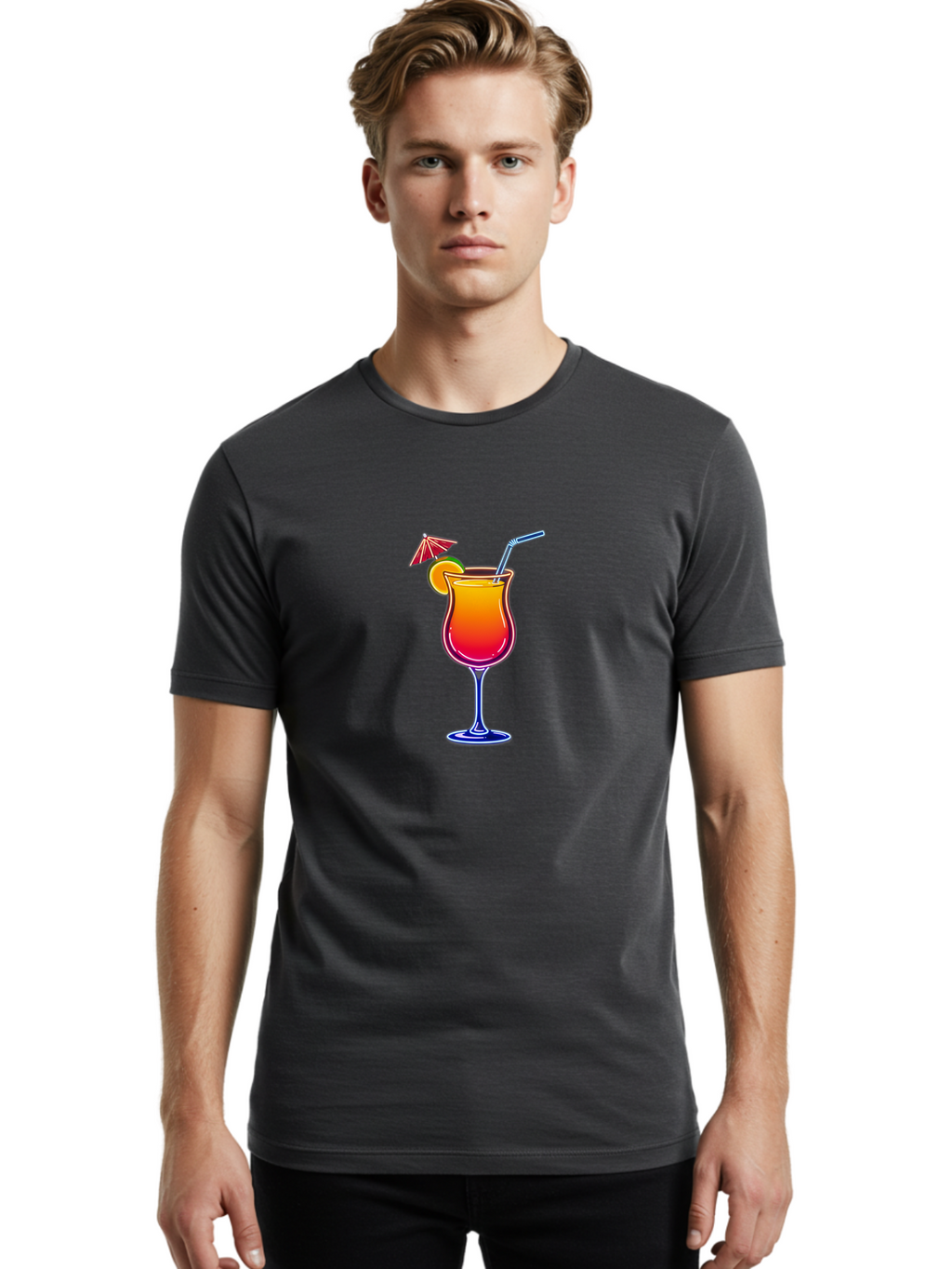 Cocktail-Glass-1 Men'S Graphic Tee, 100% Cotton, Comfortable Casual Summer Wear, Machine Washable, Colorful Cocktail, Gradient Drink, Wine Glass, Orange Slice Garnish, Straw, Umbrella, Vibrant Colors, Refreshing Beverage, Summer Drink, Bab763