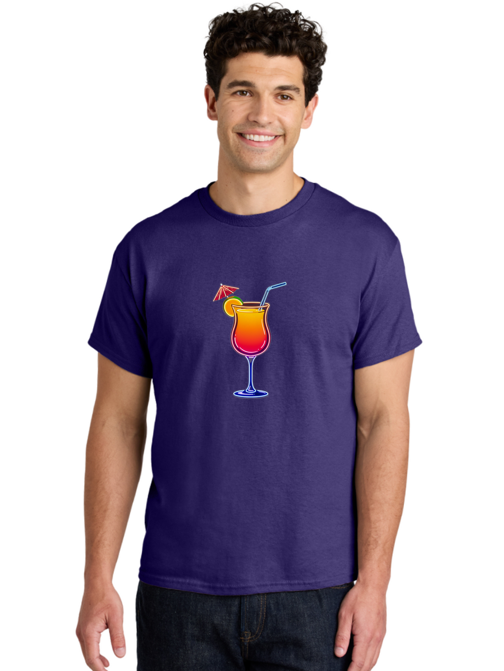 Cocktail-Glass-1 Men'S Graphic Tee, 100% Cotton, Comfortable Casual Summer Wear, Machine Washable, Colorful Cocktail, Gradient Drink, Wine Glass, Orange Slice Garnish, Straw, Umbrella, Vibrant Colors, Refreshing Beverage, Summer Drink, Bab763