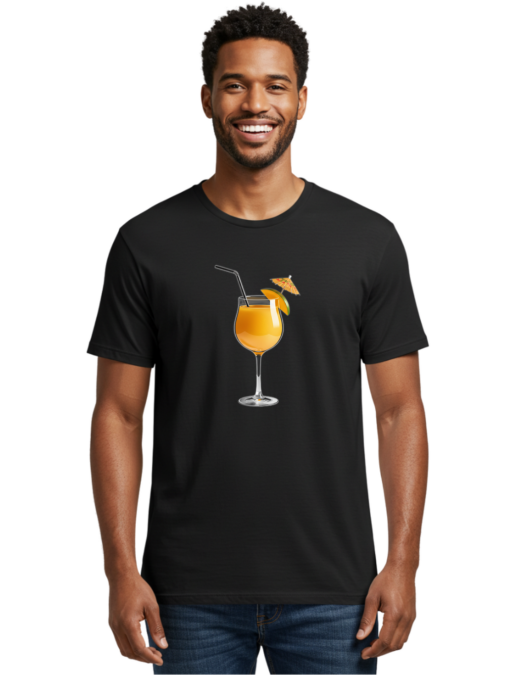 Cocktail-Glass Men'S Graphic Tee, 100% Cotton, Comfortable Casual Summer Wear, Machine Washable, Orange Cocktail, Refreshing Drink, Summer Beverage, Citrus Flavor, Tall Glass, Elegant Stemware, Metal Straw, Paper Umbrella, Orange Slice, Bab764