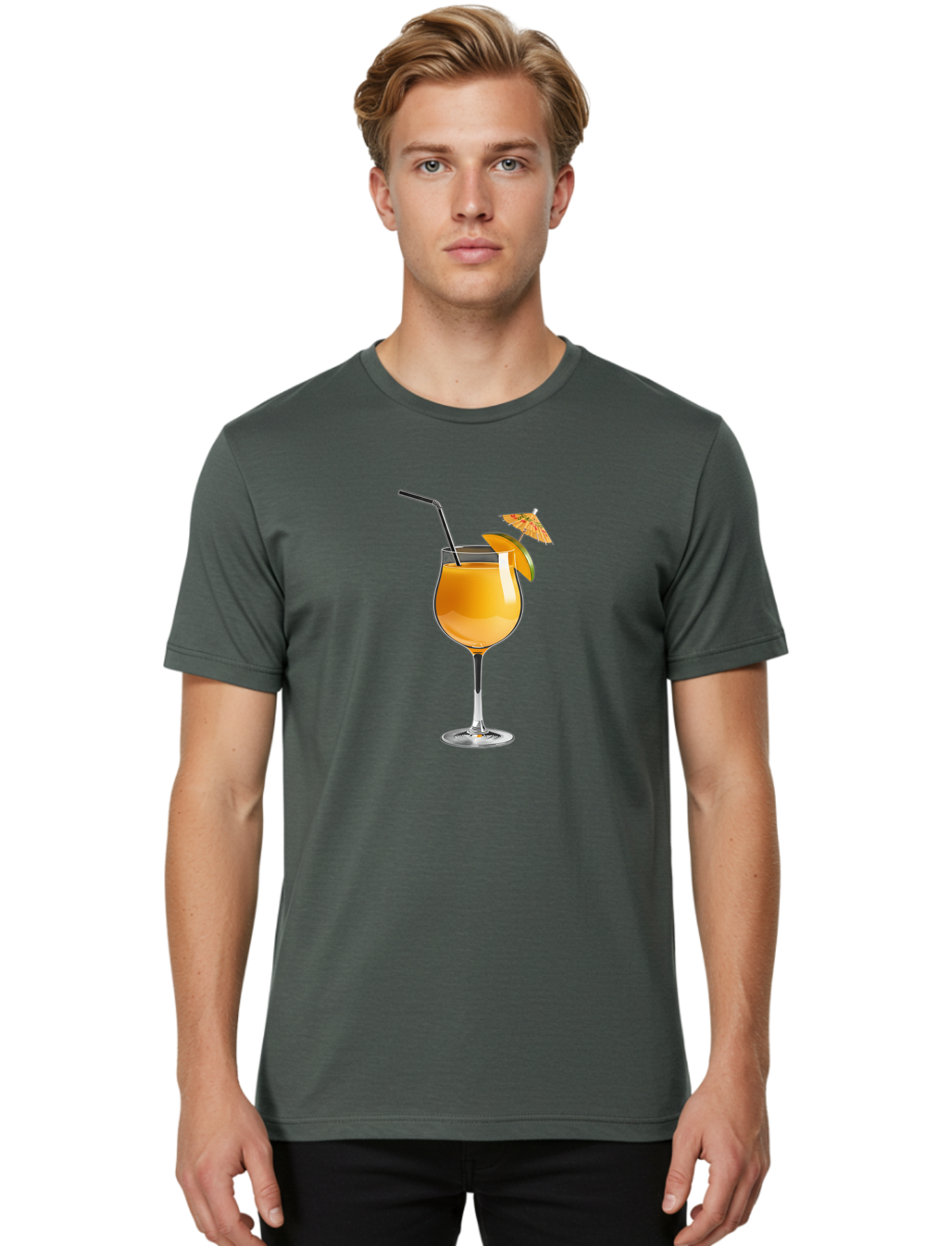 Cocktail-Glass Men'S Graphic Tee, 100% Cotton, Comfortable Casual Summer Wear, Machine Washable, Orange Cocktail, Refreshing Drink, Summer Beverage, Citrus Flavor, Tall Glass, Elegant Stemware, Metal Straw, Paper Umbrella, Orange Slice, Bab764