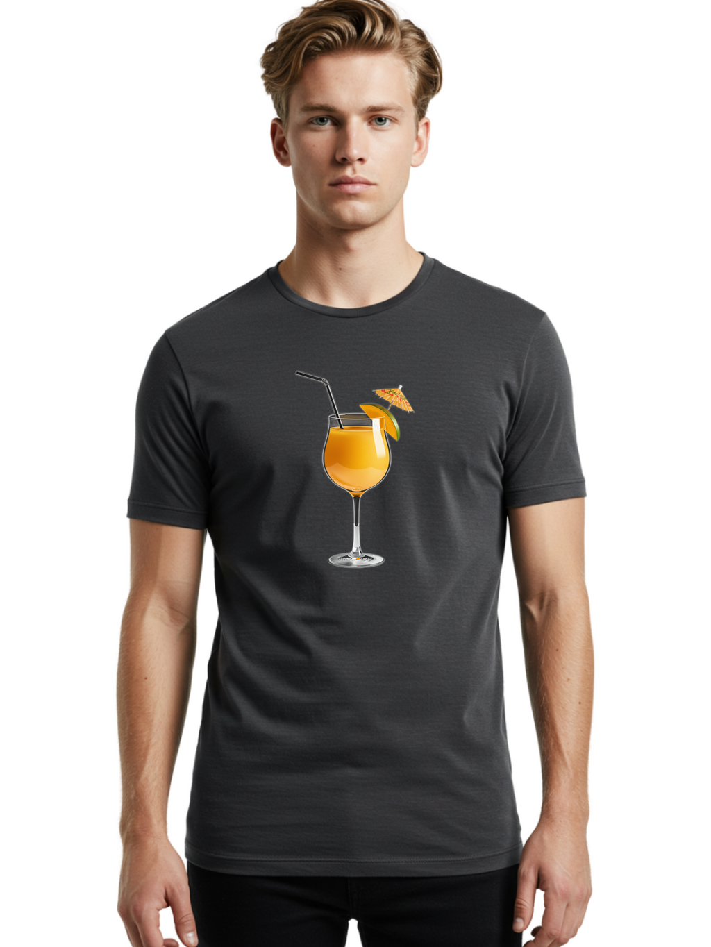 Cocktail-Glass Men'S Graphic Tee, 100% Cotton, Comfortable Casual Summer Wear, Machine Washable, Orange Cocktail, Refreshing Drink, Summer Beverage, Citrus Flavor, Tall Glass, Elegant Stemware, Metal Straw, Paper Umbrella, Orange Slice, Bab764