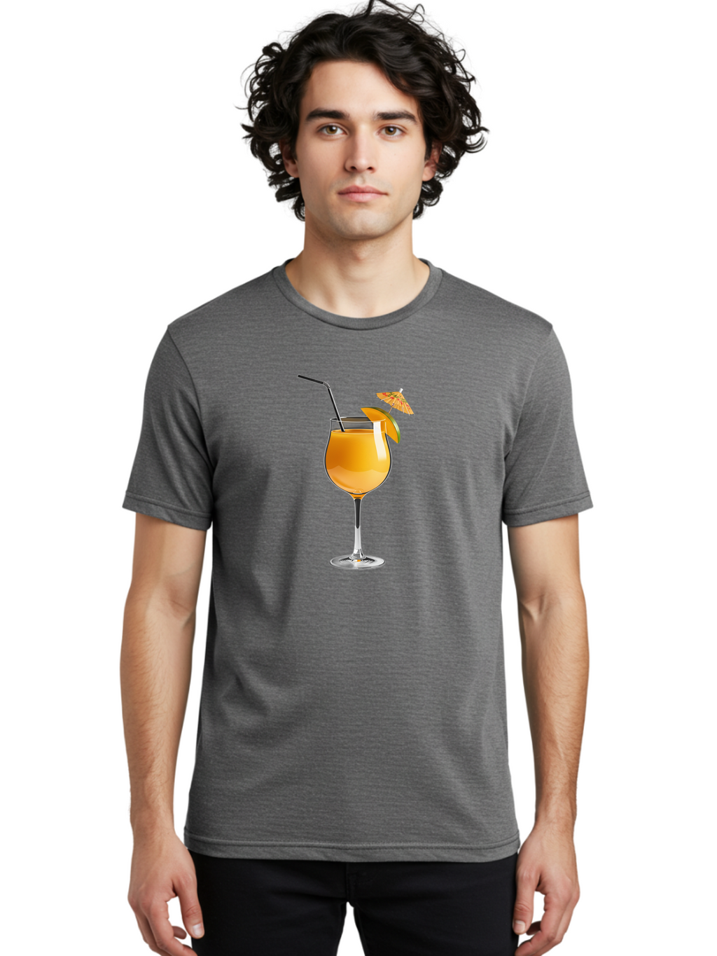 Cocktail-Glass Men'S Graphic Tee, 100% Cotton, Comfortable Casual Summer Wear, Machine Washable, Orange Cocktail, Refreshing Drink, Summer Beverage, Citrus Flavor, Tall Glass, Elegant Stemware, Metal Straw, Paper Umbrella, Orange Slice, Bab764