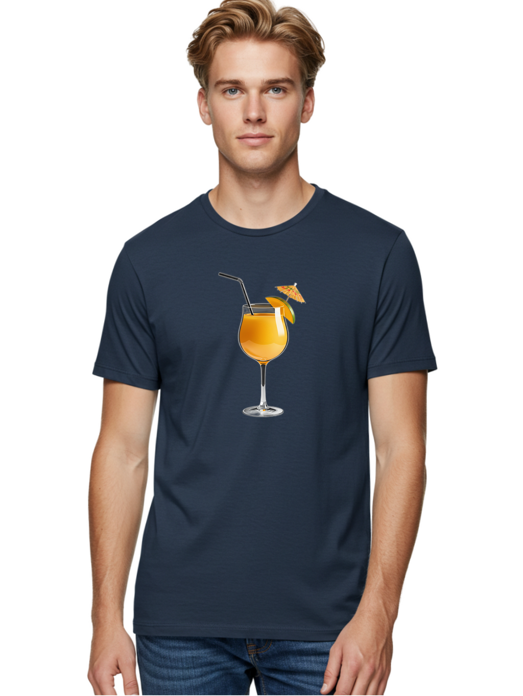Cocktail-Glass Men'S Graphic Tee, 100% Cotton, Comfortable Casual Summer Wear, Machine Washable, Orange Cocktail, Refreshing Drink, Summer Beverage, Citrus Flavor, Tall Glass, Elegant Stemware, Metal Straw, Paper Umbrella, Orange Slice, Bab764
