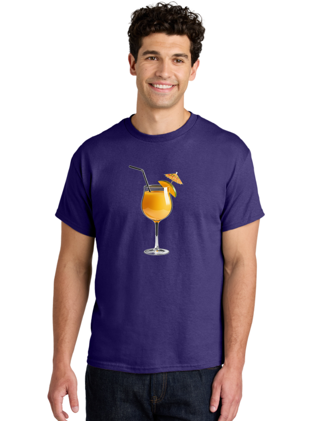 Cocktail-Glass Men'S Graphic Tee, 100% Cotton, Comfortable Casual Summer Wear, Machine Washable, Orange Cocktail, Refreshing Drink, Summer Beverage, Citrus Flavor, Tall Glass, Elegant Stemware, Metal Straw, Paper Umbrella, Orange Slice, Bab764