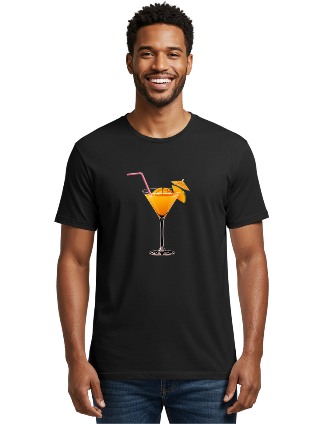 Cocktail-With-Umbrella Men'S Graphic Tee, 100% Cotton, Comfortable Casual Summer Wear, Machine Washable, Martini Glass, Orange Cocktail, Straw, Umbrella, Orange Slice, Summer Drink, Refreshing Beverage, Citrus Flavor, Cocktail Hour, Happy Hour Bab765