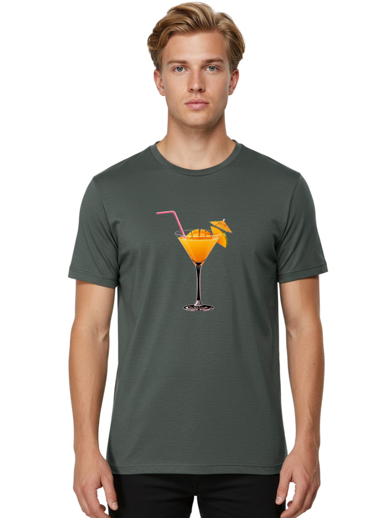 Cocktail-With-Umbrella Men'S Graphic Tee, 100% Cotton, Comfortable Casual Summer Wear, Machine Washable, Martini Glass, Orange Cocktail, Straw, Umbrella, Orange Slice, Summer Drink, Refreshing Beverage, Citrus Flavor, Cocktail Hour, Happy Hour Bab765