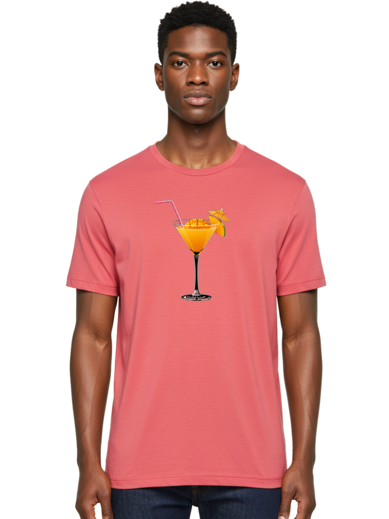 Cocktail-With-Umbrella Men'S Graphic Tee, 100% Cotton, Comfortable Casual Summer Wear, Machine Washable, Martini Glass, Orange Cocktail, Straw, Umbrella, Orange Slice, Summer Drink, Refreshing Beverage, Citrus Flavor, Cocktail Hour, Happy Hour Bab765