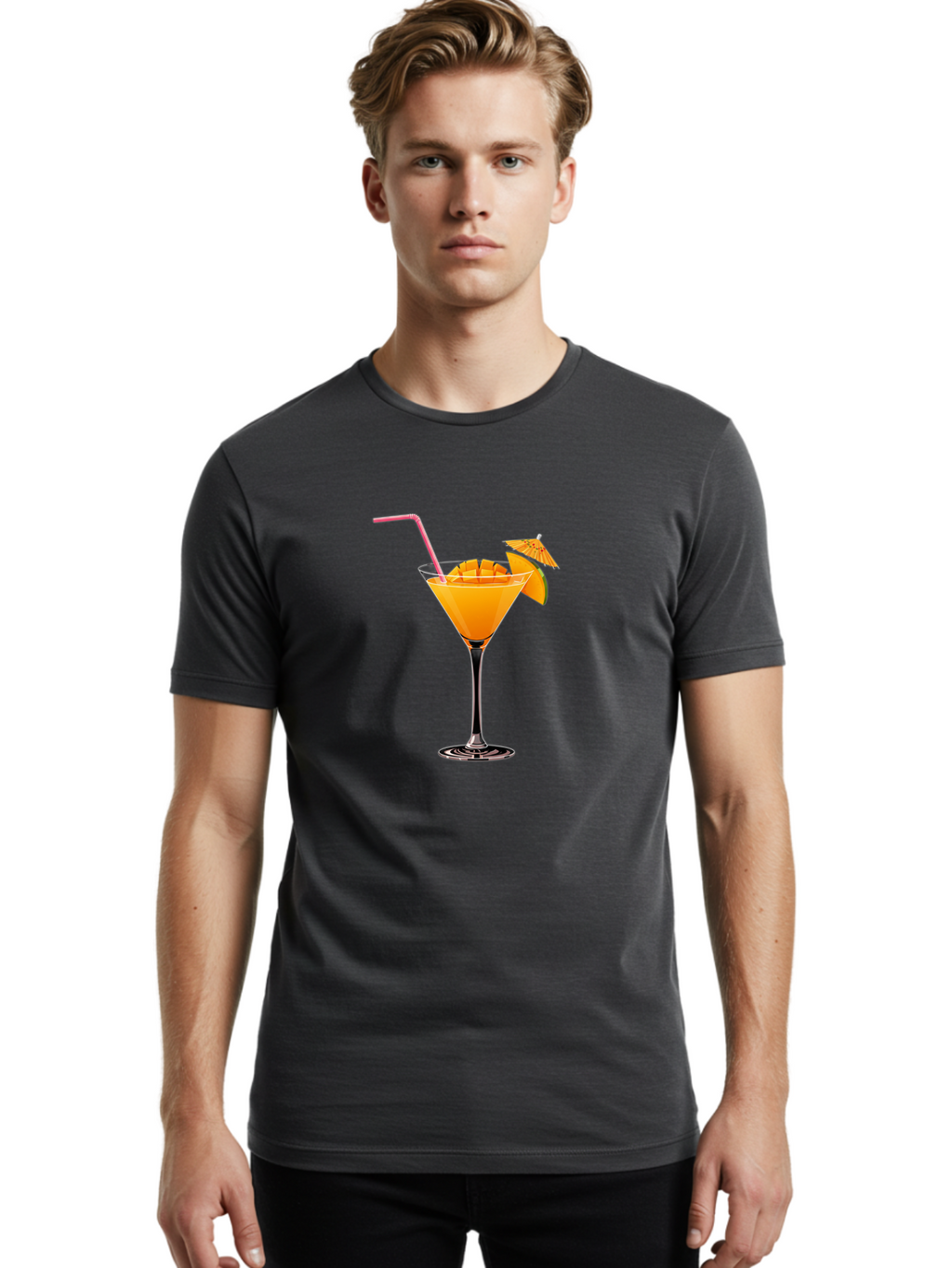 Cocktail-With-Umbrella Men'S Graphic Tee, 100% Cotton, Comfortable Casual Summer Wear, Machine Washable, Martini Glass, Orange Cocktail, Straw, Umbrella, Orange Slice, Summer Drink, Refreshing Beverage, Citrus Flavor, Cocktail Hour, Happy Hour Bab765