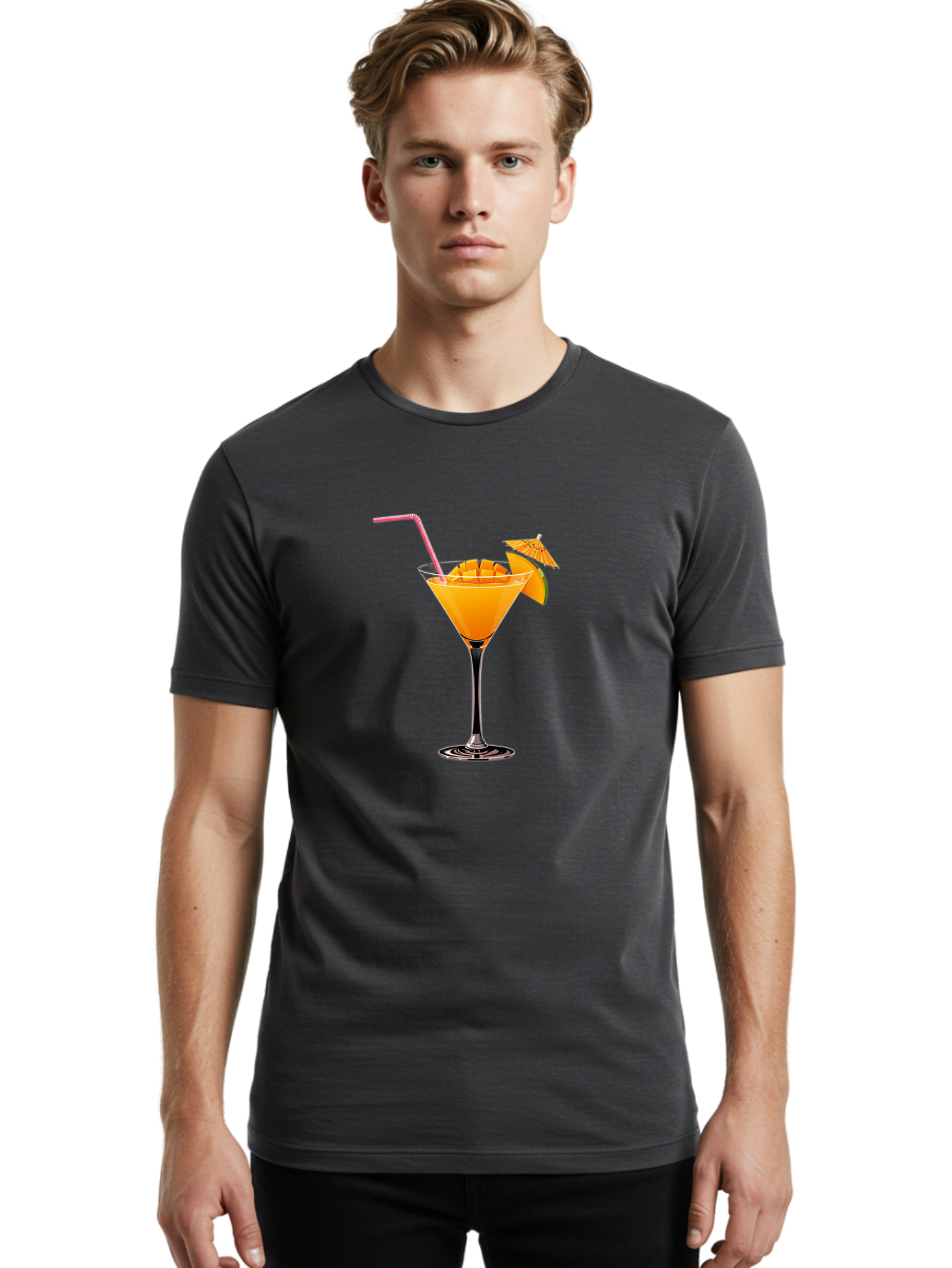 Cocktail-With-Umbrella Men'S Graphic Tee, 100% Cotton, Comfortable Casual Summer Wear, Machine Washable, Martini Glass, Orange Cocktail, Straw, Umbrella, Orange Slice, Summer Drink, Refreshing Beverage, Citrus Flavor, Cocktail Hour, Happy Hour Bab765