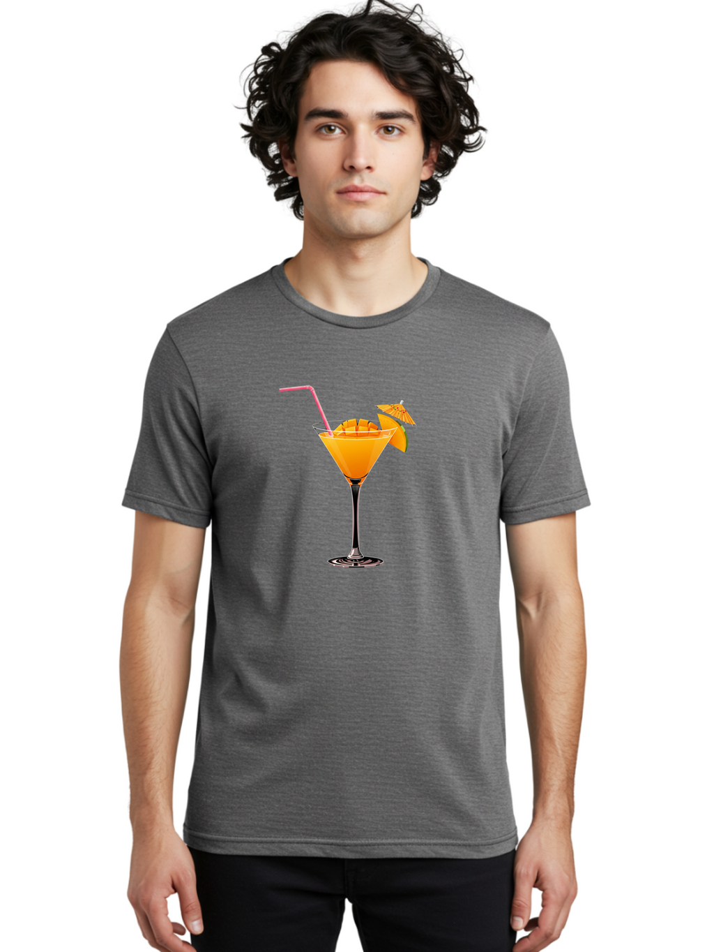 Cocktail-With-Umbrella Men'S Graphic Tee, 100% Cotton, Comfortable Casual Summer Wear, Machine Washable, Martini Glass, Orange Cocktail, Straw, Umbrella, Orange Slice, Summer Drink, Refreshing Beverage, Citrus Flavor, Cocktail Hour, Happy Hour Bab765