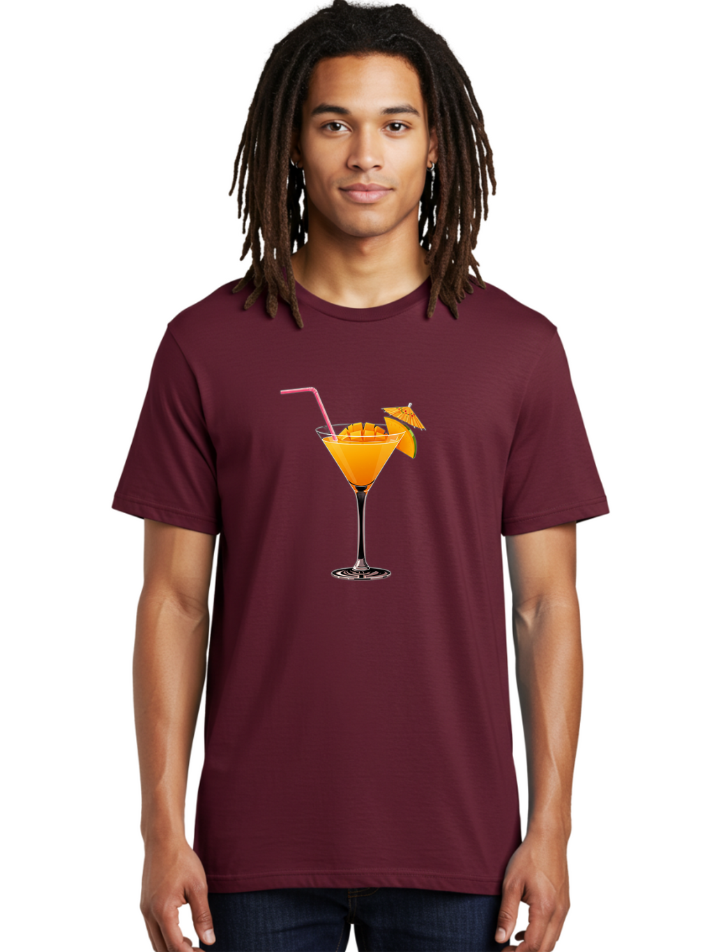 Cocktail-With-Umbrella Men'S Graphic Tee, 100% Cotton, Comfortable Casual Summer Wear, Machine Washable, Martini Glass, Orange Cocktail, Straw, Umbrella, Orange Slice, Summer Drink, Refreshing Beverage, Citrus Flavor, Cocktail Hour, Happy Hour Bab765