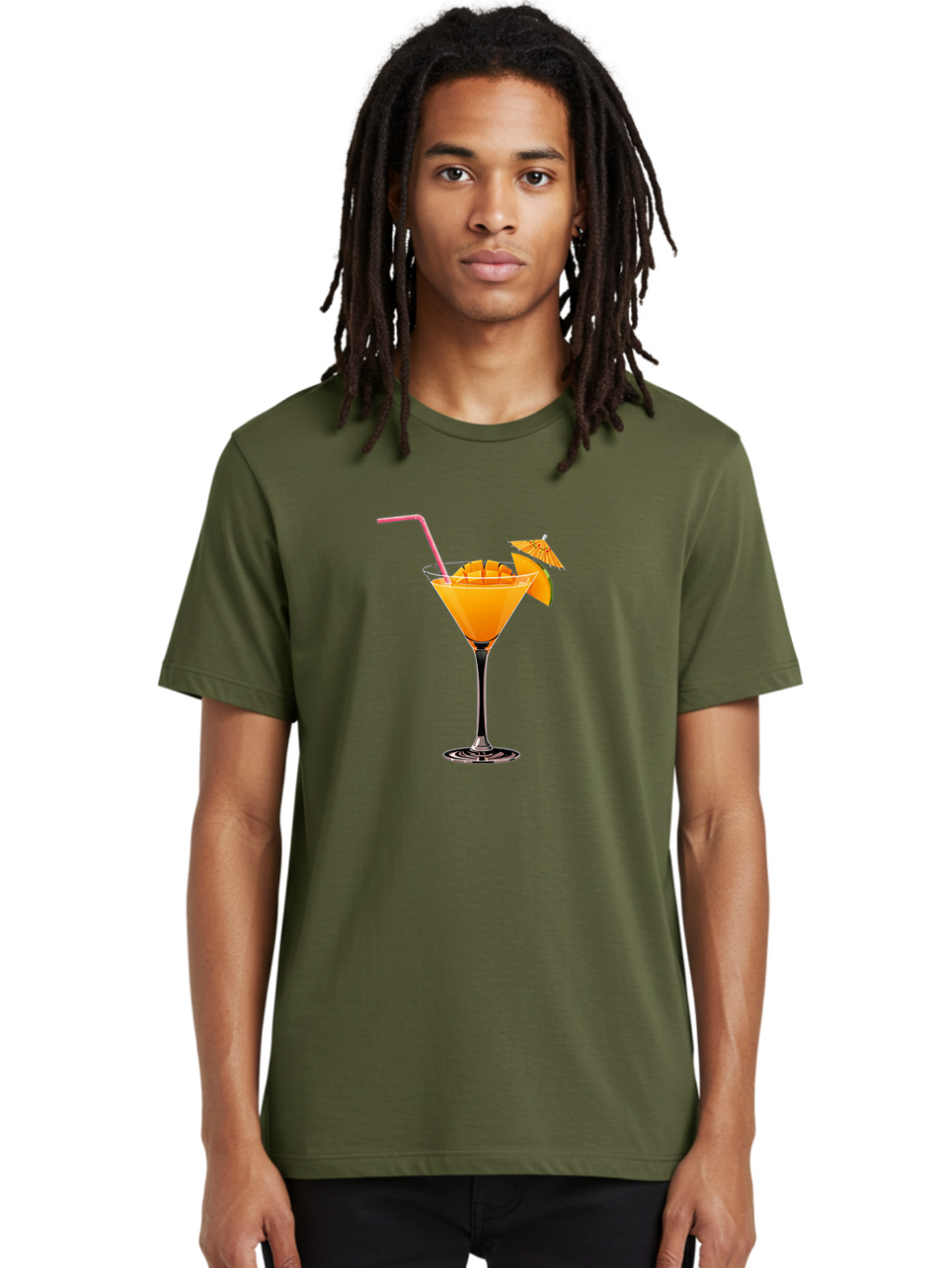 Cocktail-With-Umbrella Men'S Graphic Tee, 100% Cotton, Comfortable Casual Summer Wear, Machine Washable, Martini Glass, Orange Cocktail, Straw, Umbrella, Orange Slice, Summer Drink, Refreshing Beverage, Citrus Flavor, Cocktail Hour, Happy Hour Bab765