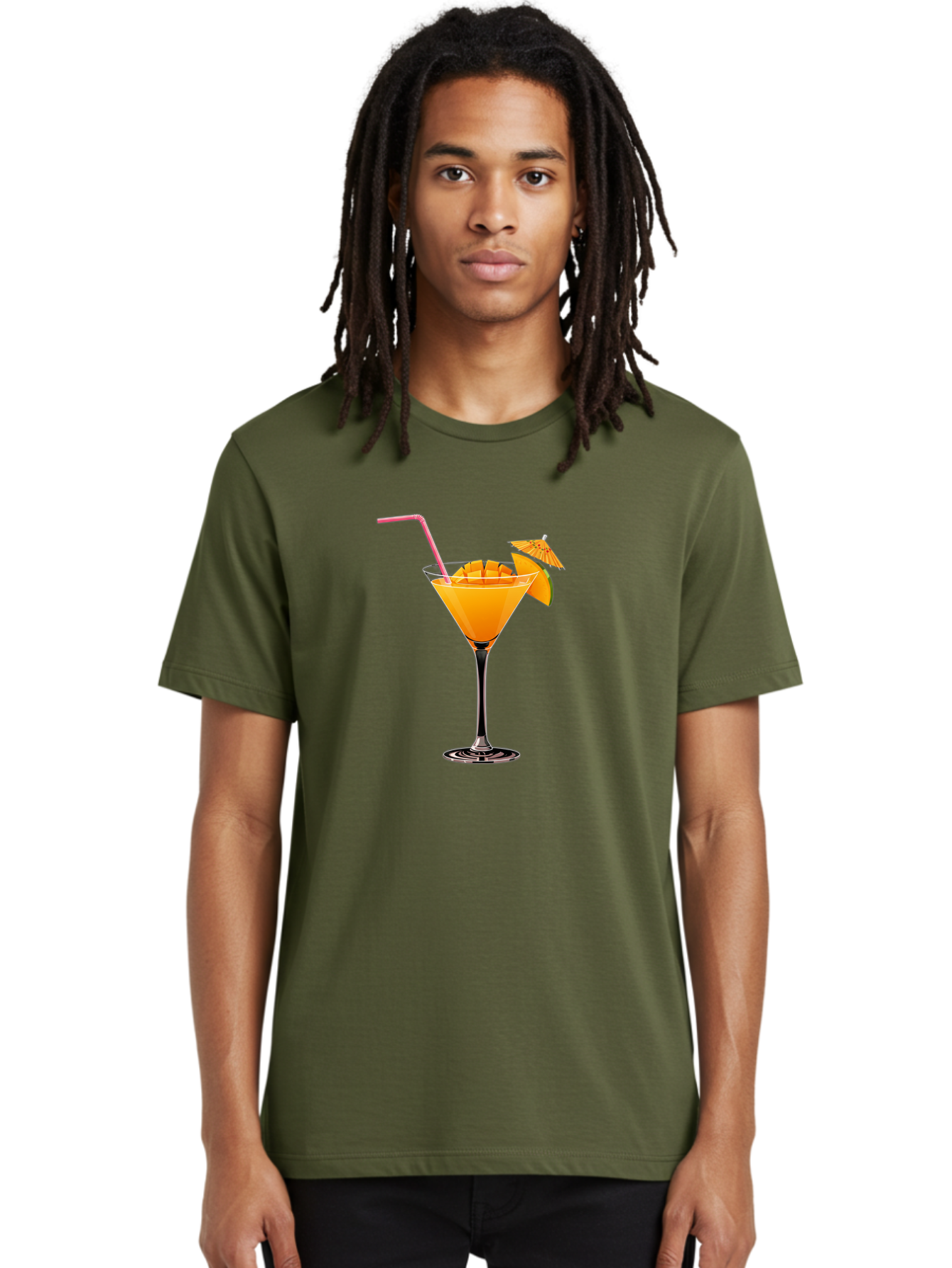 Cocktail-With-Umbrella Men'S Graphic Tee, 100% Cotton, Comfortable Casual Summer Wear, Machine Washable, Martini Glass, Orange Cocktail, Straw, Umbrella, Orange Slice, Summer Drink, Refreshing Beverage, Citrus Flavor, Cocktail Hour, Happy Hour Bab765