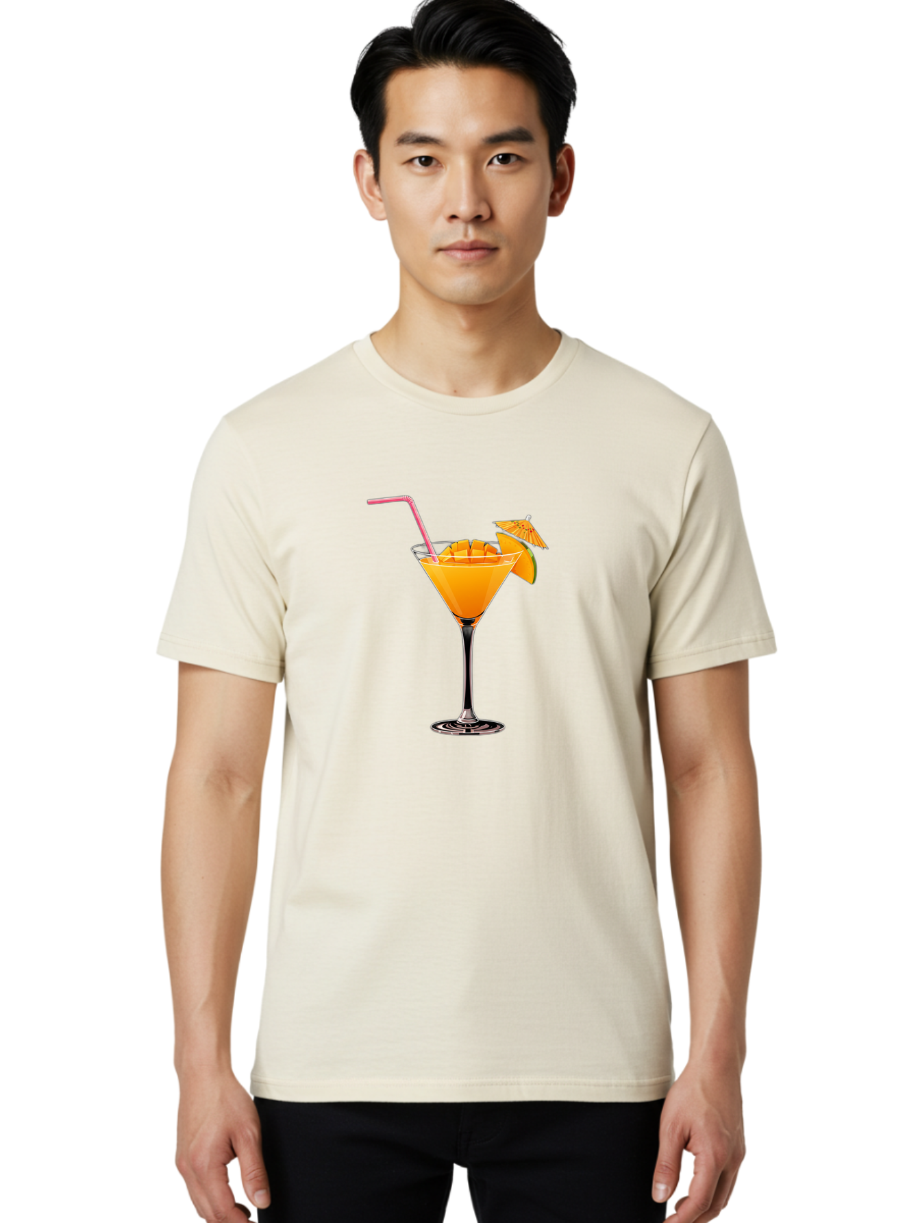 Cocktail-With-Umbrella Men'S Graphic Tee, 100% Cotton, Comfortable Casual Summer Wear, Machine Washable, Martini Glass, Orange Cocktail, Straw, Umbrella, Orange Slice, Summer Drink, Refreshing Beverage, Citrus Flavor, Cocktail Hour, Happy Hour Bab765