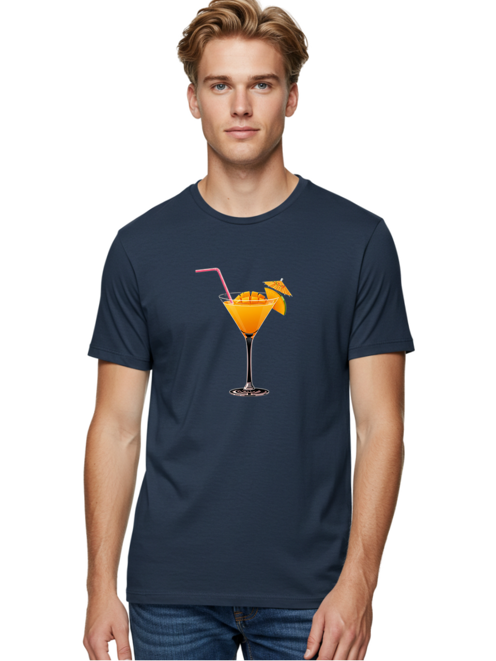 Cocktail-With-Umbrella Men'S Graphic Tee, 100% Cotton, Comfortable Casual Summer Wear, Machine Washable, Martini Glass, Orange Cocktail, Straw, Umbrella, Orange Slice, Summer Drink, Refreshing Beverage, Citrus Flavor, Cocktail Hour, Happy Hour Bab765