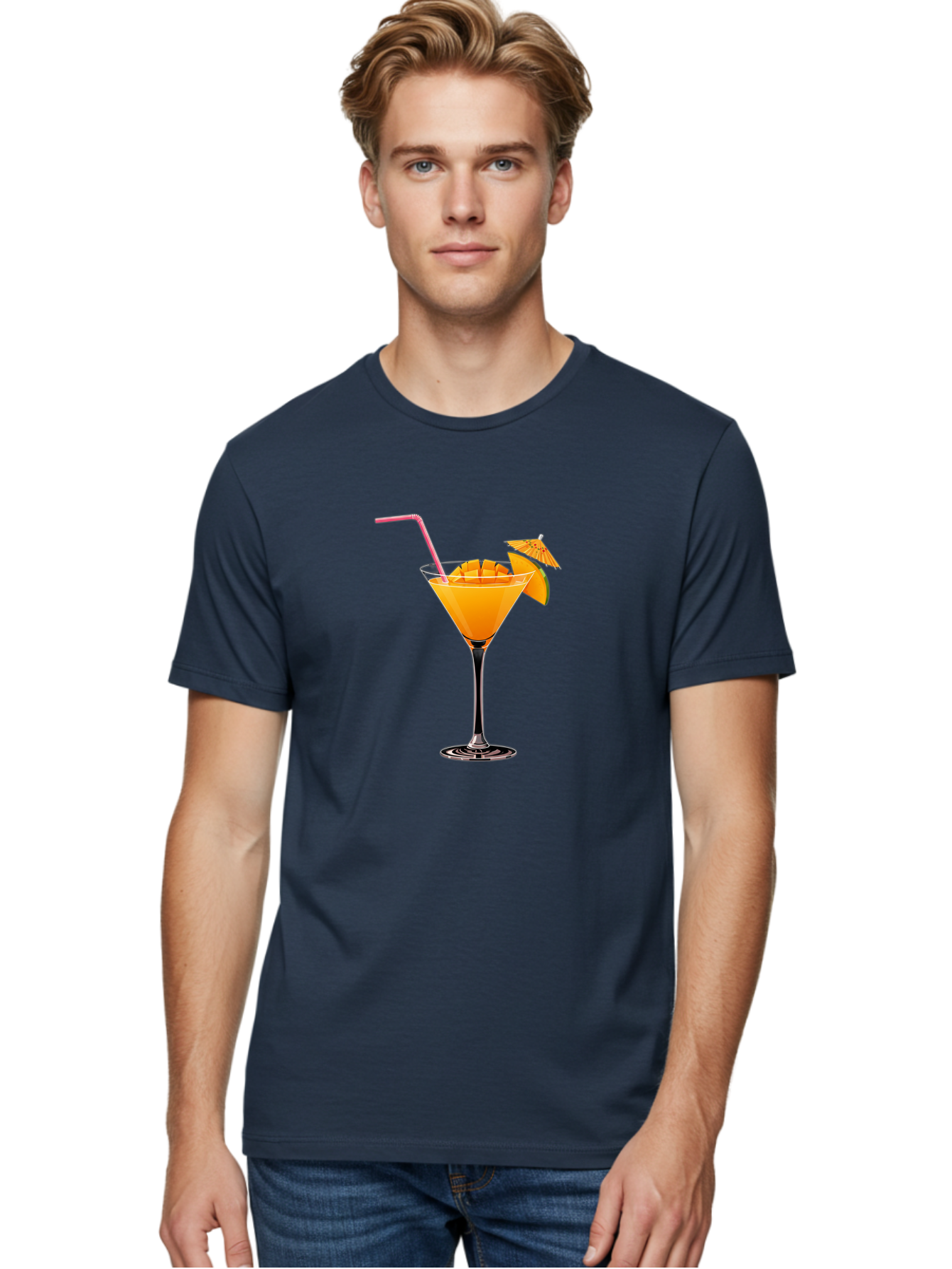 Cocktail-With-Umbrella Men'S Graphic Tee, 100% Cotton, Comfortable Casual Summer Wear, Machine Washable, Martini Glass, Orange Cocktail, Straw, Umbrella, Orange Slice, Summer Drink, Refreshing Beverage, Citrus Flavor, Cocktail Hour, Happy Hour Bab765