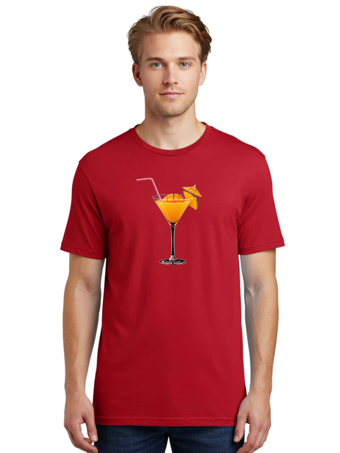 Cocktail-With-Umbrella Men'S Graphic Tee, 100% Cotton, Comfortable Casual Summer Wear, Machine Washable, Martini Glass, Orange Cocktail, Straw, Umbrella, Orange Slice, Summer Drink, Refreshing Beverage, Citrus Flavor, Cocktail Hour, Happy Hour Bab765