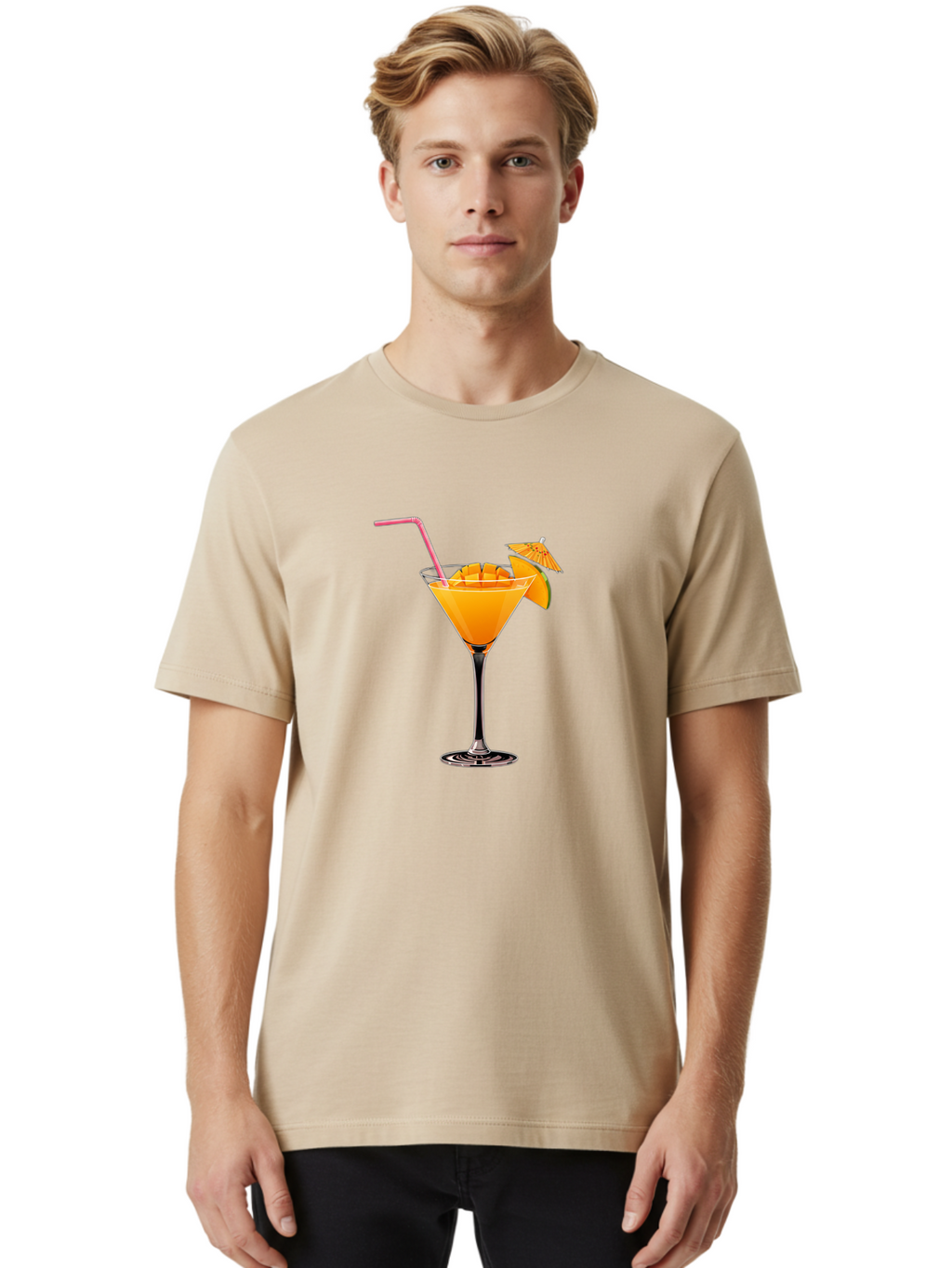 Cocktail-With-Umbrella Men'S Graphic Tee, 100% Cotton, Comfortable Casual Summer Wear, Machine Washable, Martini Glass, Orange Cocktail, Straw, Umbrella, Orange Slice, Summer Drink, Refreshing Beverage, Citrus Flavor, Cocktail Hour, Happy Hour Bab765