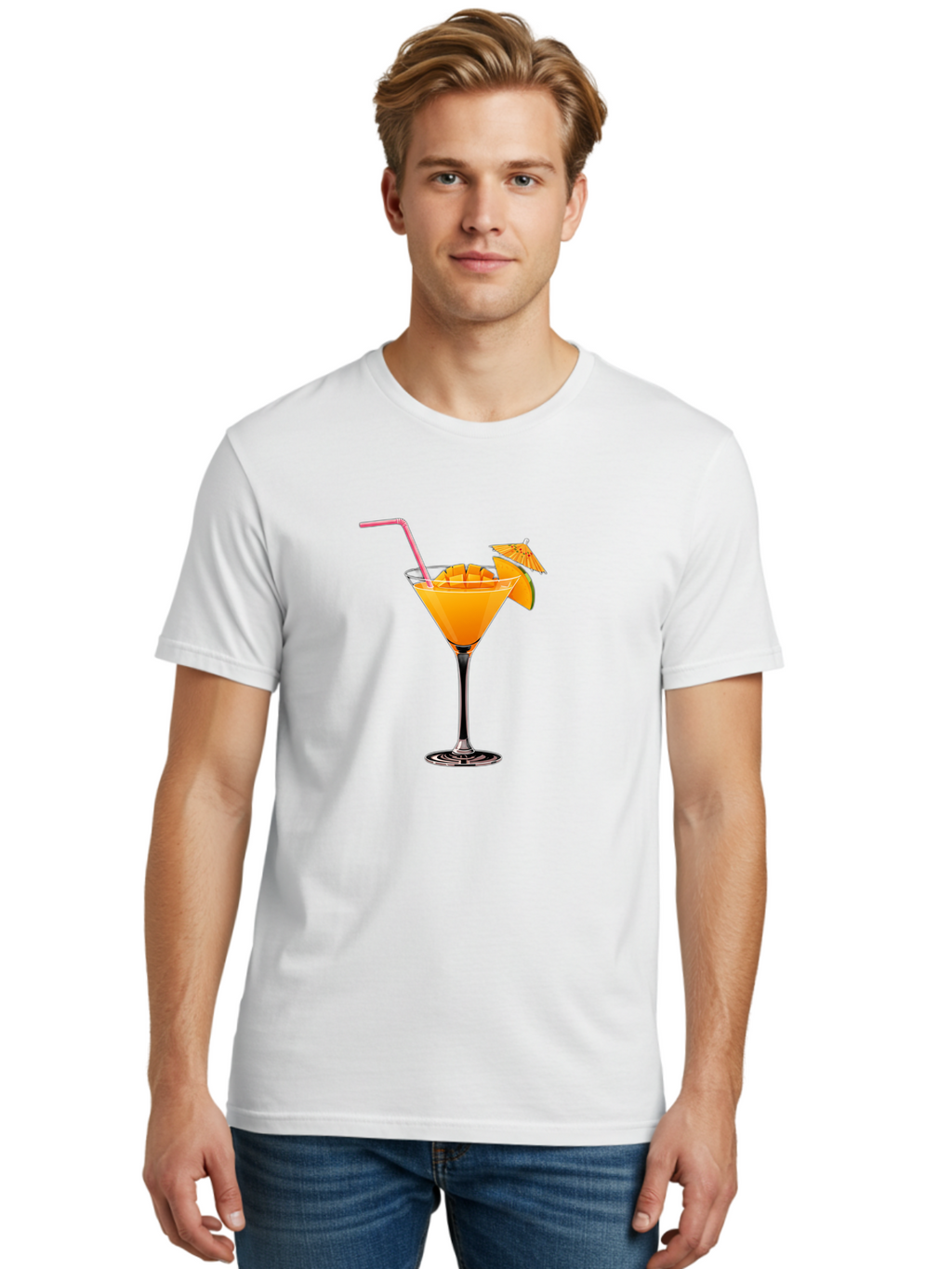 Cocktail-With-Umbrella Men'S Graphic Tee, 100% Cotton, Comfortable Casual Summer Wear, Machine Washable, Martini Glass, Orange Cocktail, Straw, Umbrella, Orange Slice, Summer Drink, Refreshing Beverage, Citrus Flavor, Cocktail Hour, Happy Hour Bab765