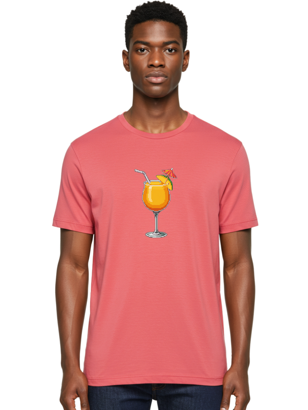 Cocktail Men'S Graphic Tee, 100% Cotton, Comfortable Casual Summer Wear, Machine Washable, Orange Cocktail, Margarita Glass, Garnished Drink, Cocktail Straw, Orange Slice, Red Umbrella, Digital Illustration, Pixel Art Bab766