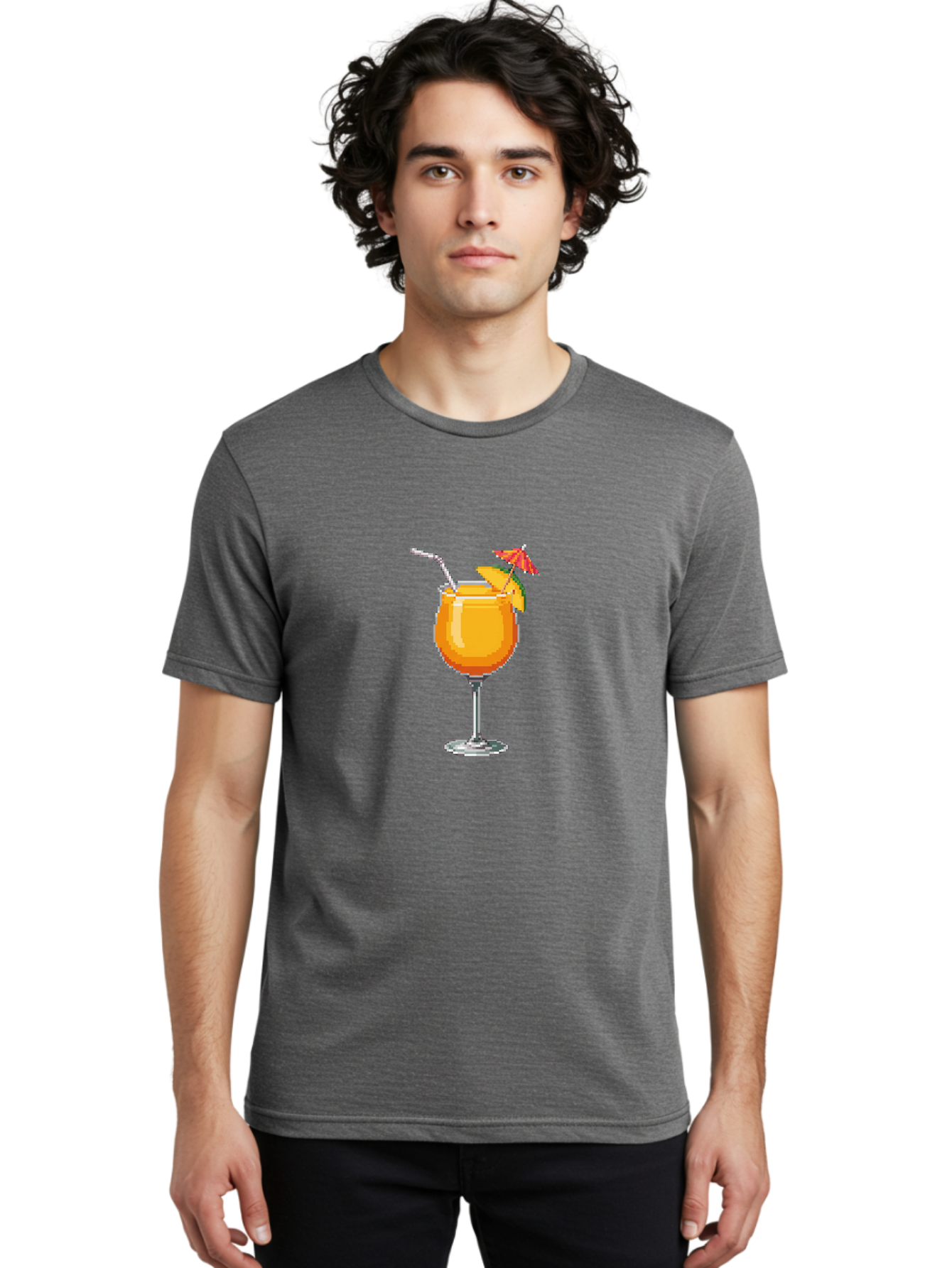 Cocktail Men'S Graphic Tee, 100% Cotton, Comfortable Casual Summer Wear, Machine Washable, Orange Cocktail, Margarita Glass, Garnished Drink, Cocktail Straw, Orange Slice, Red Umbrella, Digital Illustration, Pixel Art Bab766