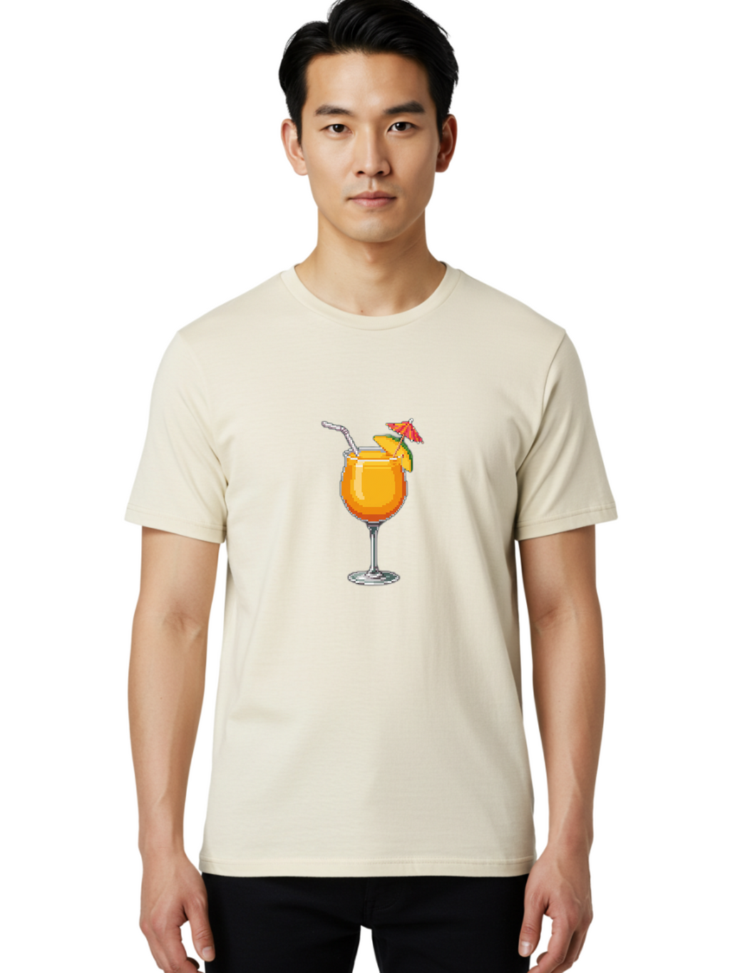 Cocktail Men'S Graphic Tee, 100% Cotton, Comfortable Casual Summer Wear, Machine Washable, Orange Cocktail, Margarita Glass, Garnished Drink, Cocktail Straw, Orange Slice, Red Umbrella, Digital Illustration, Pixel Art Bab766