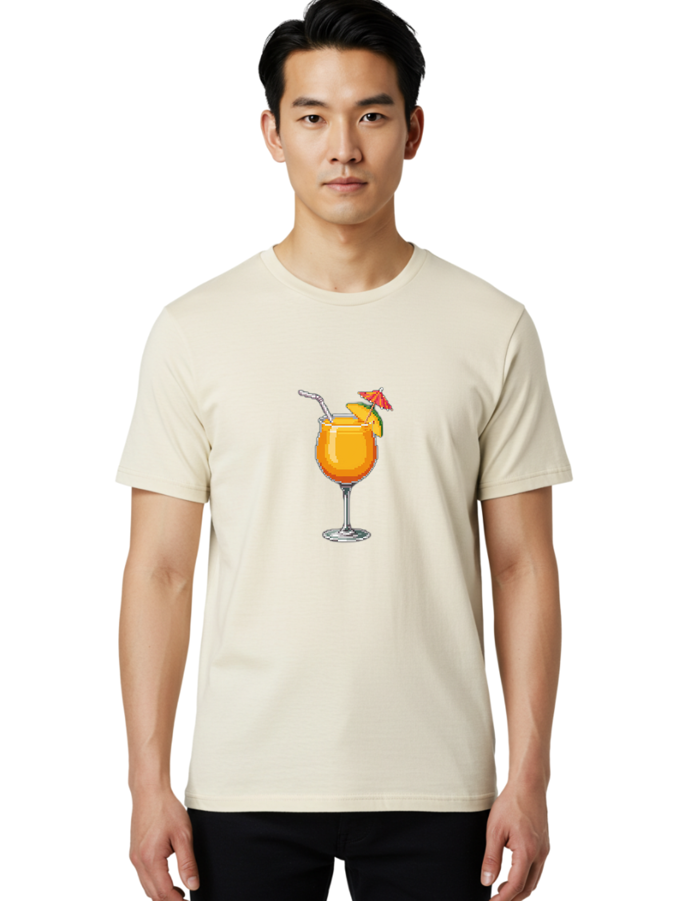Cocktail Men'S Graphic Tee, 100% Cotton, Comfortable Casual Summer Wear, Machine Washable, Orange Cocktail, Margarita Glass, Garnished Drink, Cocktail Straw, Orange Slice, Red Umbrella, Digital Illustration, Pixel Art Bab766