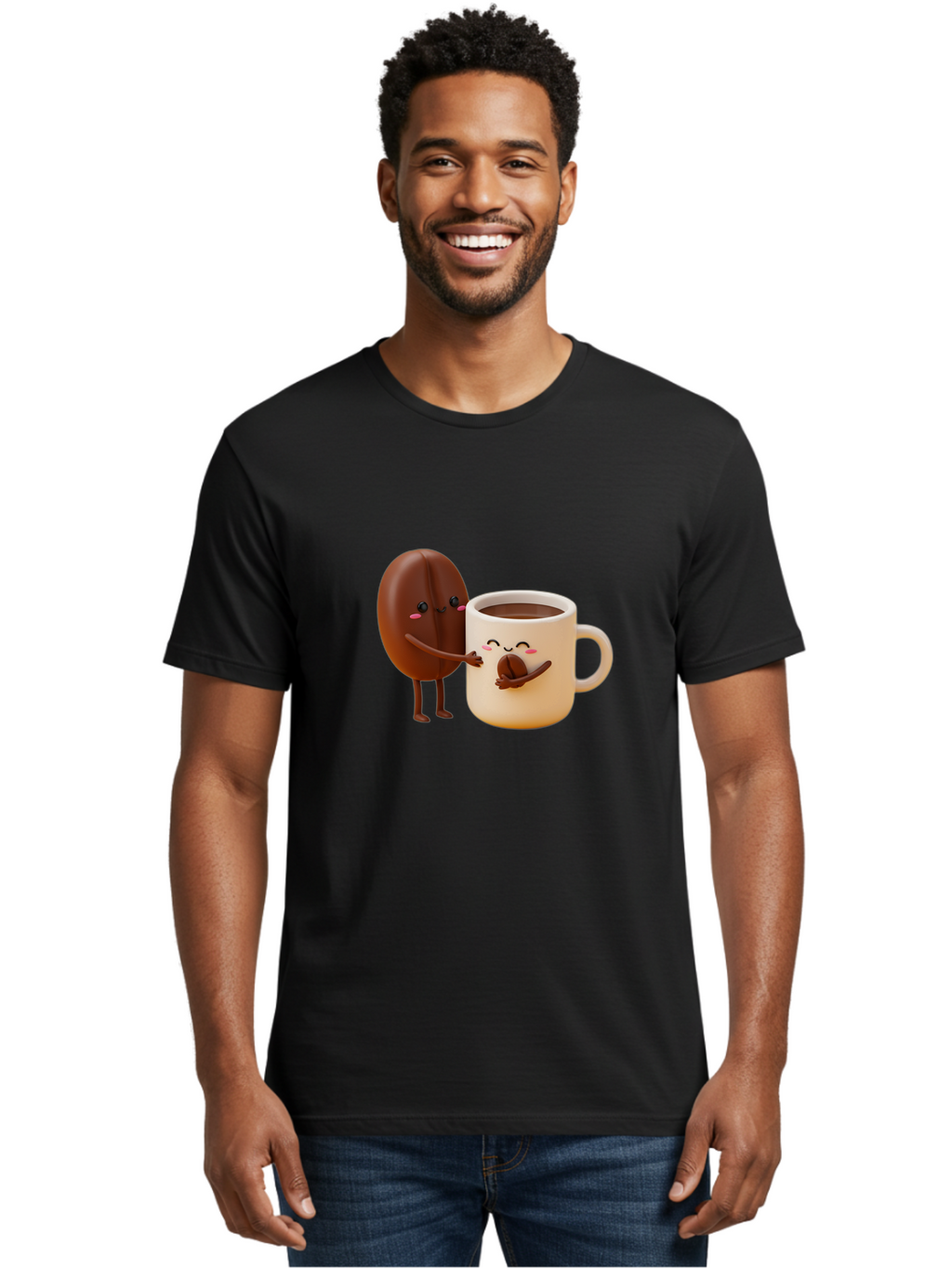 Coffee-Bean-And-Coffee-Mug Men'S Graphic Tee, 100% Cotton, Comfortable Casual Summer Wear, Machine Washable, Cartoon Coffee Bean, Anthropomorphic Coffee Mug, Cute Illustration, Digital Art, Coffee Culture, Humorous Design, Cartoon Characters, Bab770