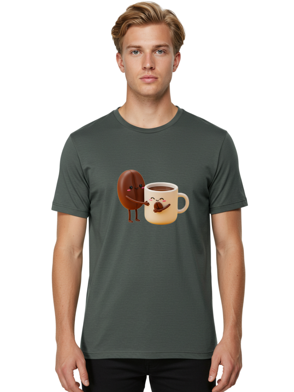 Coffee-Bean-And-Coffee-Mug Men'S Graphic Tee, 100% Cotton, Comfortable Casual Summer Wear, Machine Washable, Cartoon Coffee Bean, Anthropomorphic Coffee Mug, Cute Illustration, Digital Art, Coffee Culture, Humorous Design, Cartoon Characters, Bab770