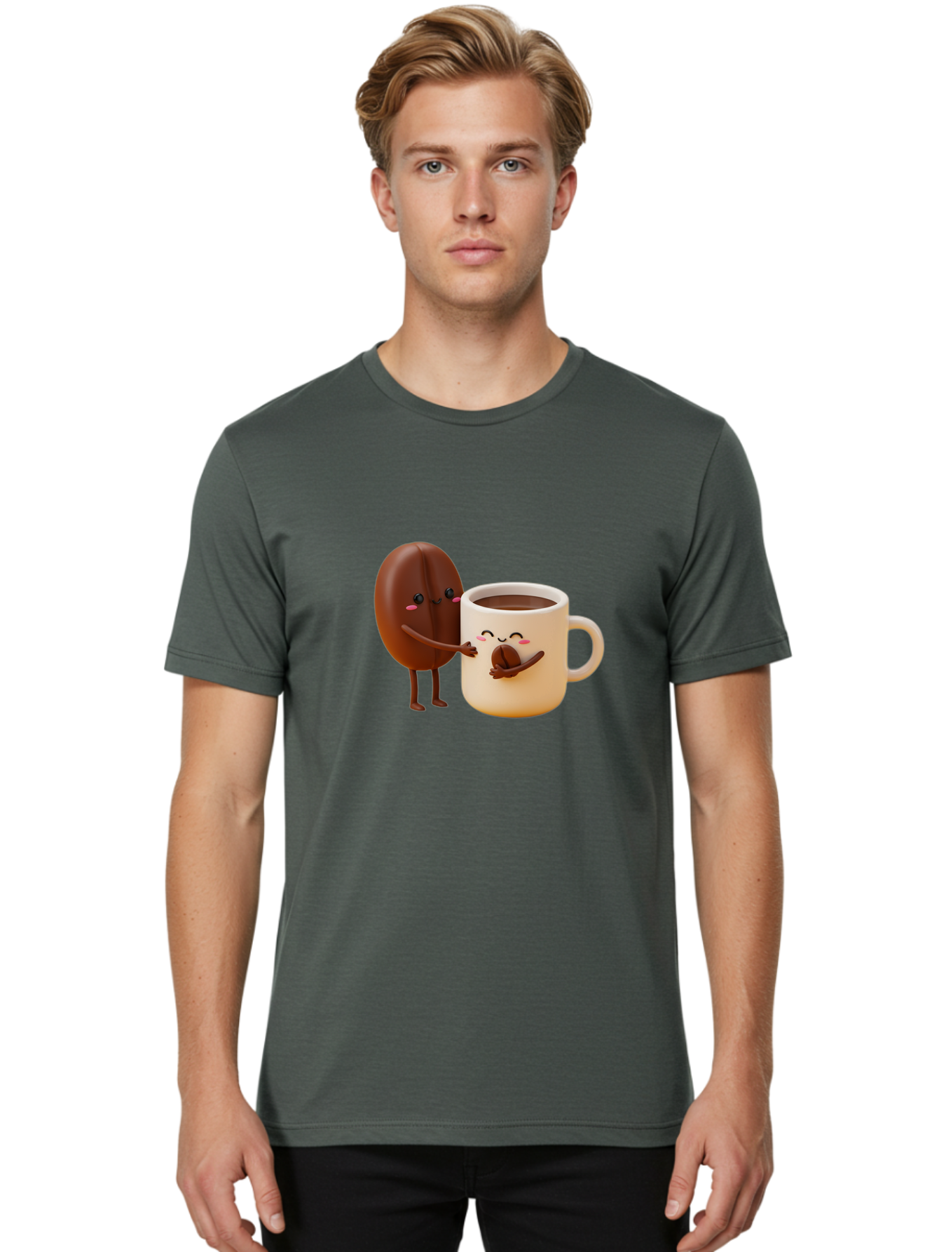 Coffee-Bean-And-Coffee-Mug Men'S Graphic Tee, 100% Cotton, Comfortable Casual Summer Wear, Machine Washable, Cartoon Coffee Bean, Anthropomorphic Coffee Mug, Cute Illustration, Digital Art, Coffee Culture, Humorous Design, Cartoon Characters, Bab770