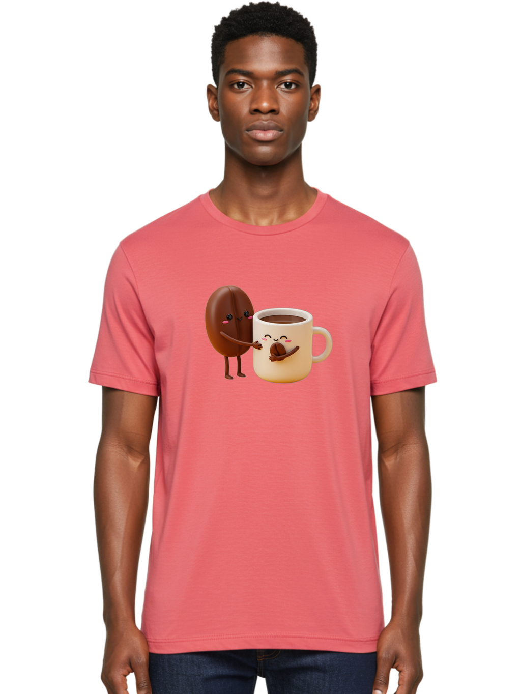 Coffee-Bean-And-Coffee-Mug Men'S Graphic Tee, 100% Cotton, Comfortable Casual Summer Wear, Machine Washable, Cartoon Coffee Bean, Anthropomorphic Coffee Mug, Cute Illustration, Digital Art, Coffee Culture, Humorous Design, Cartoon Characters, Bab770