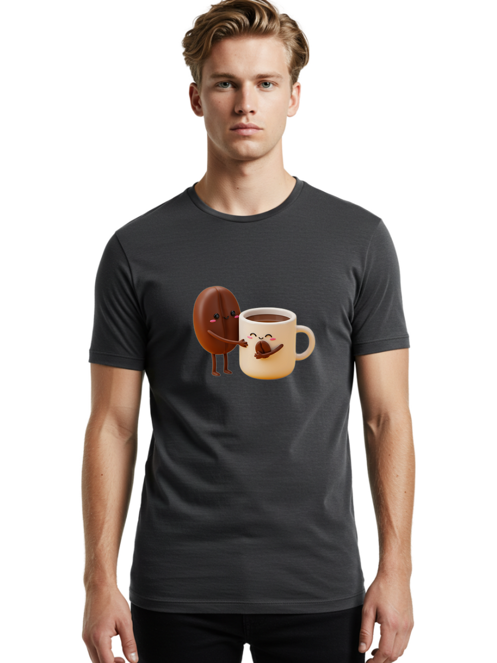 Coffee-Bean-And-Coffee-Mug Men'S Graphic Tee, 100% Cotton, Comfortable Casual Summer Wear, Machine Washable, Cartoon Coffee Bean, Anthropomorphic Coffee Mug, Cute Illustration, Digital Art, Coffee Culture, Humorous Design, Cartoon Characters, Bab770
