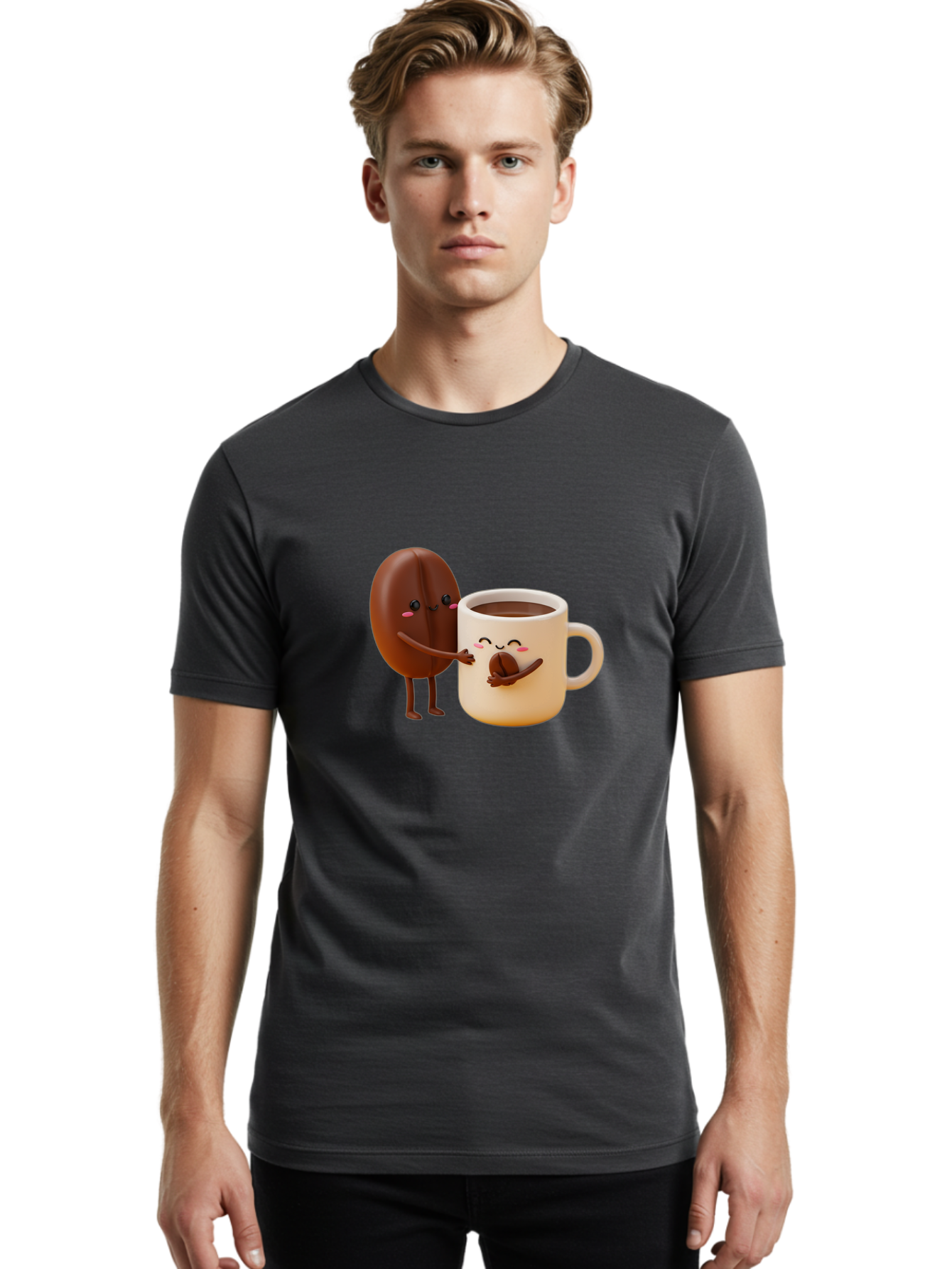 Coffee-Bean-And-Coffee-Mug Men'S Graphic Tee, 100% Cotton, Comfortable Casual Summer Wear, Machine Washable, Cartoon Coffee Bean, Anthropomorphic Coffee Mug, Cute Illustration, Digital Art, Coffee Culture, Humorous Design, Cartoon Characters, Bab770