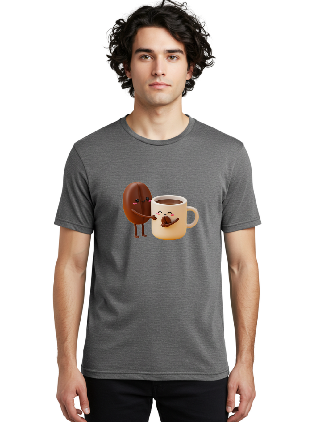 Coffee-Bean-And-Coffee-Mug Men'S Graphic Tee, 100% Cotton, Comfortable Casual Summer Wear, Machine Washable, Cartoon Coffee Bean, Anthropomorphic Coffee Mug, Cute Illustration, Digital Art, Coffee Culture, Humorous Design, Cartoon Characters, Bab770