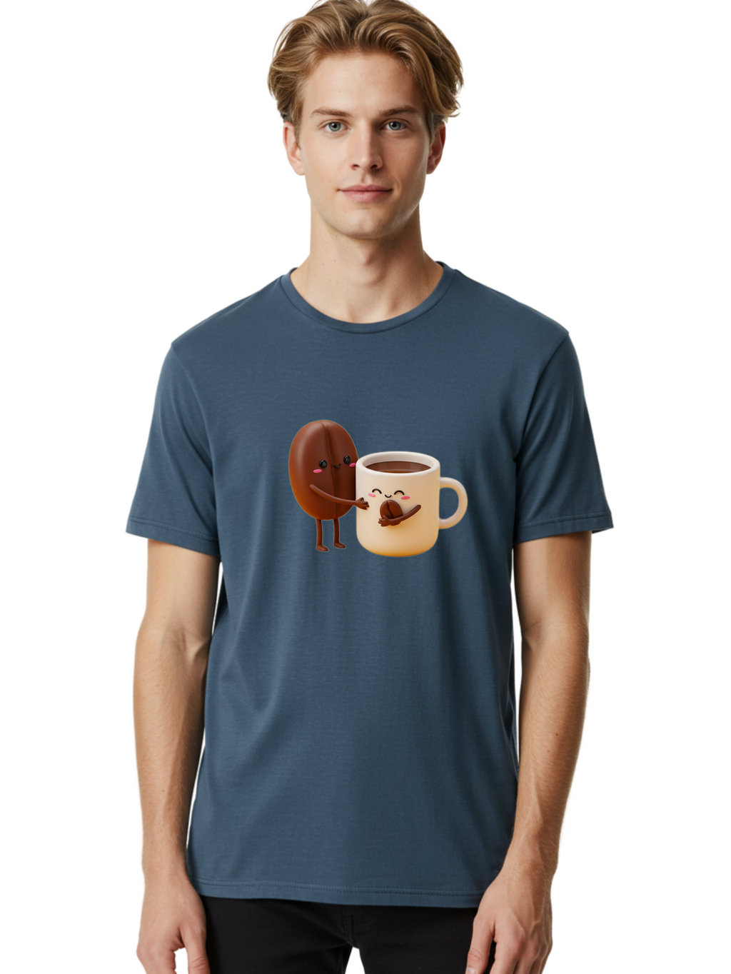 Coffee-Bean-And-Coffee-Mug Men'S Graphic Tee, 100% Cotton, Comfortable Casual Summer Wear, Machine Washable, Cartoon Coffee Bean, Anthropomorphic Coffee Mug, Cute Illustration, Digital Art, Coffee Culture, Humorous Design, Cartoon Characters, Bab770