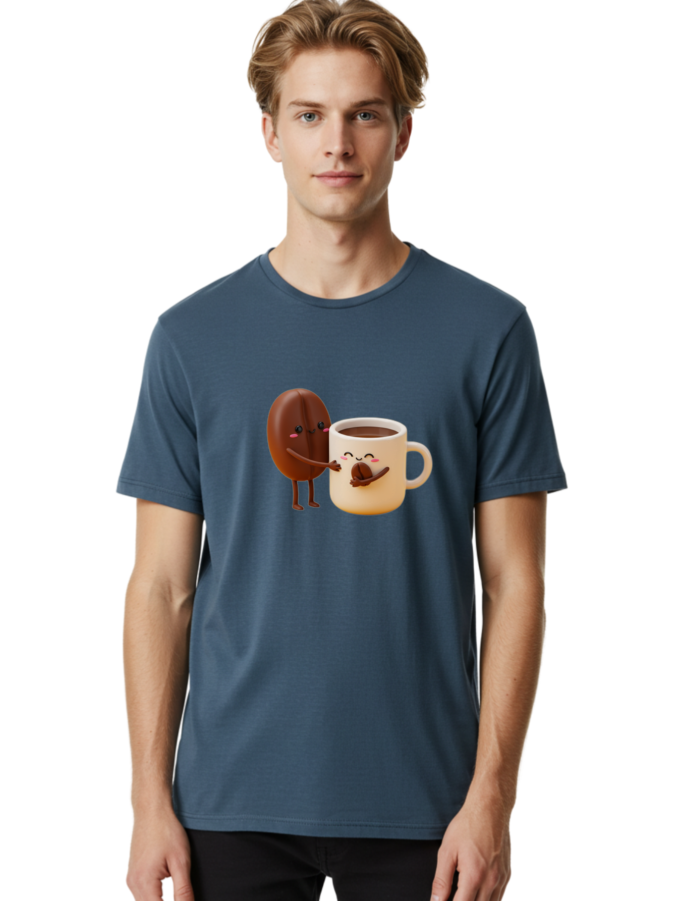 Coffee-Bean-And-Coffee-Mug Men'S Graphic Tee, 100% Cotton, Comfortable Casual Summer Wear, Machine Washable, Cartoon Coffee Bean, Anthropomorphic Coffee Mug, Cute Illustration, Digital Art, Coffee Culture, Humorous Design, Cartoon Characters, Bab770