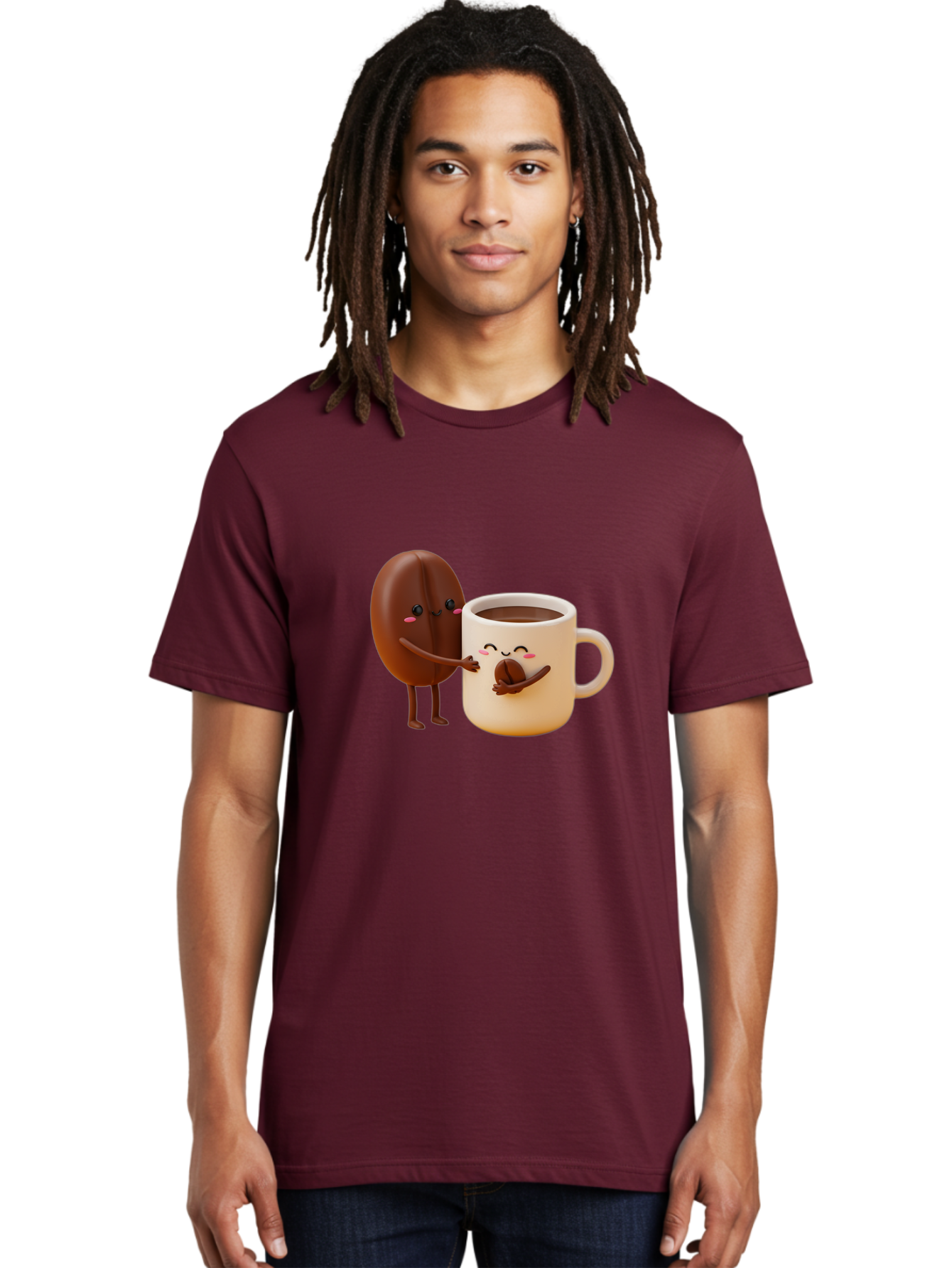 Coffee-Bean-And-Coffee-Mug Men'S Graphic Tee, 100% Cotton, Comfortable Casual Summer Wear, Machine Washable, Cartoon Coffee Bean, Anthropomorphic Coffee Mug, Cute Illustration, Digital Art, Coffee Culture, Humorous Design, Cartoon Characters, Bab770