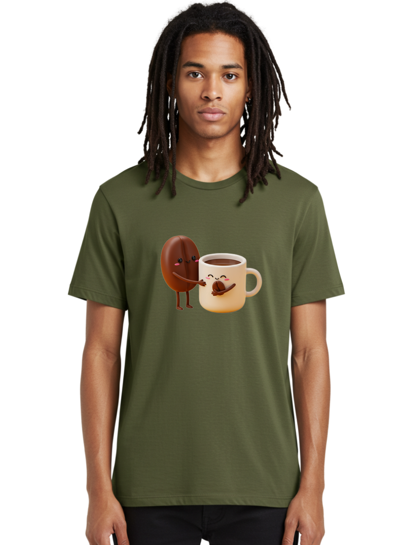 Coffee-Bean-And-Coffee-Mug Men'S Graphic Tee, 100% Cotton, Comfortable Casual Summer Wear, Machine Washable, Cartoon Coffee Bean, Anthropomorphic Coffee Mug, Cute Illustration, Digital Art, Coffee Culture, Humorous Design, Cartoon Characters, Bab770